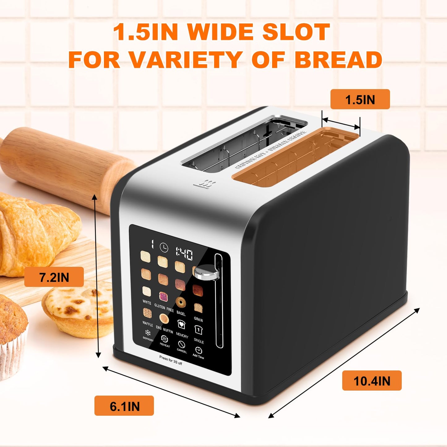 2 Slice Toaster Touch Screen, Stainless Steel Toasters Digital Timer 2 Slot Toasters, 8 Shade Settings 6 Bread Types for Bagel, Cancel, Defrost (Black)
