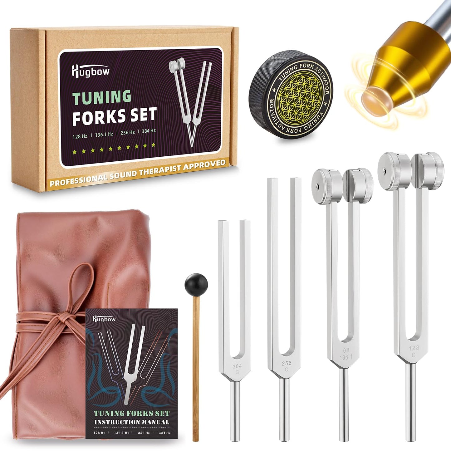 Hugbow Tuning Forks for Healing, Aluminum Alloy Tuning Fork 128Hz, 136.1Hz, 256Hz, 384Hz, Hockey Puck Activator & feet, Weighted & Unweighted Tuning Fork Set with Vegan Leather Pouch
