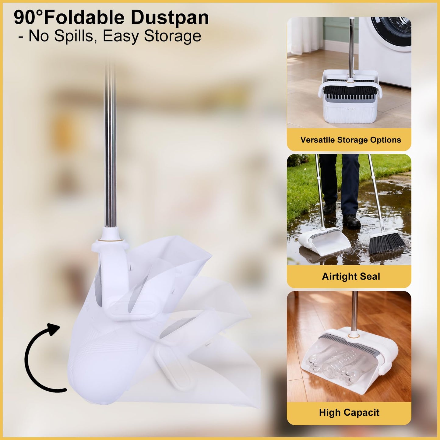 Upgrade Broom with Dustpan Combo Set with Ergonomic Adjustable Handle, Cleaning Teeth, Ideal for Pets, Indoor and Outdoor Sweeping（White）