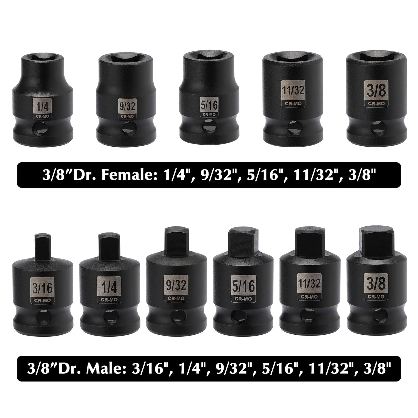 EMENTOL 11PCS 3/8" Drive Pipe Plug Socket Set, SAE, CR-MO, Tapered Male Square Drive- 3/16 Inch to 3/8 Inch, Chamfered Female Square Drive- 1/4 Inch to 3/8 Inch, 11 Pieces Set