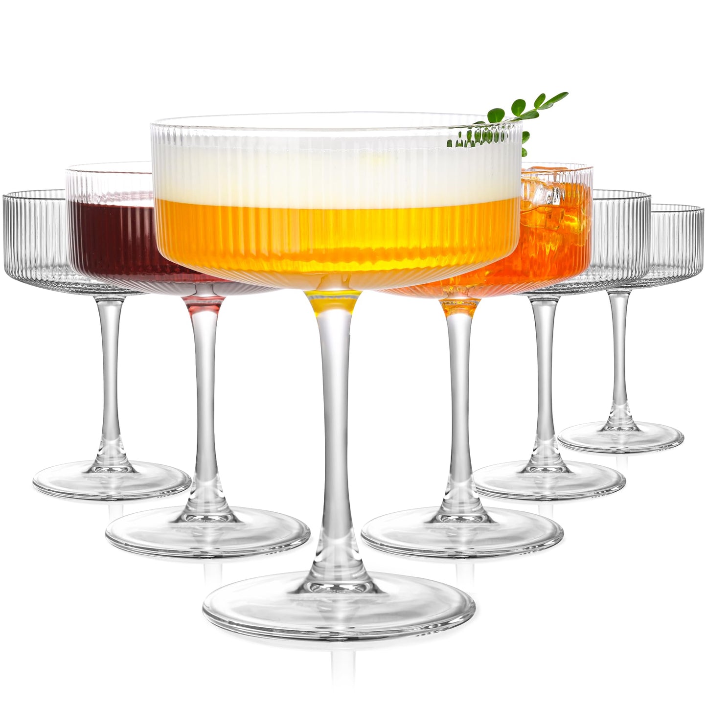 AMYOOLE Vintage Ribbed Coupe Glasses Set of 6-11oz Clear 100% Crystal Martini Glasses Elegant Cocktail Glasses, Transparent Glassware for Champagne, Margaritas, Espresso Comes with a Rose Ice Mold.