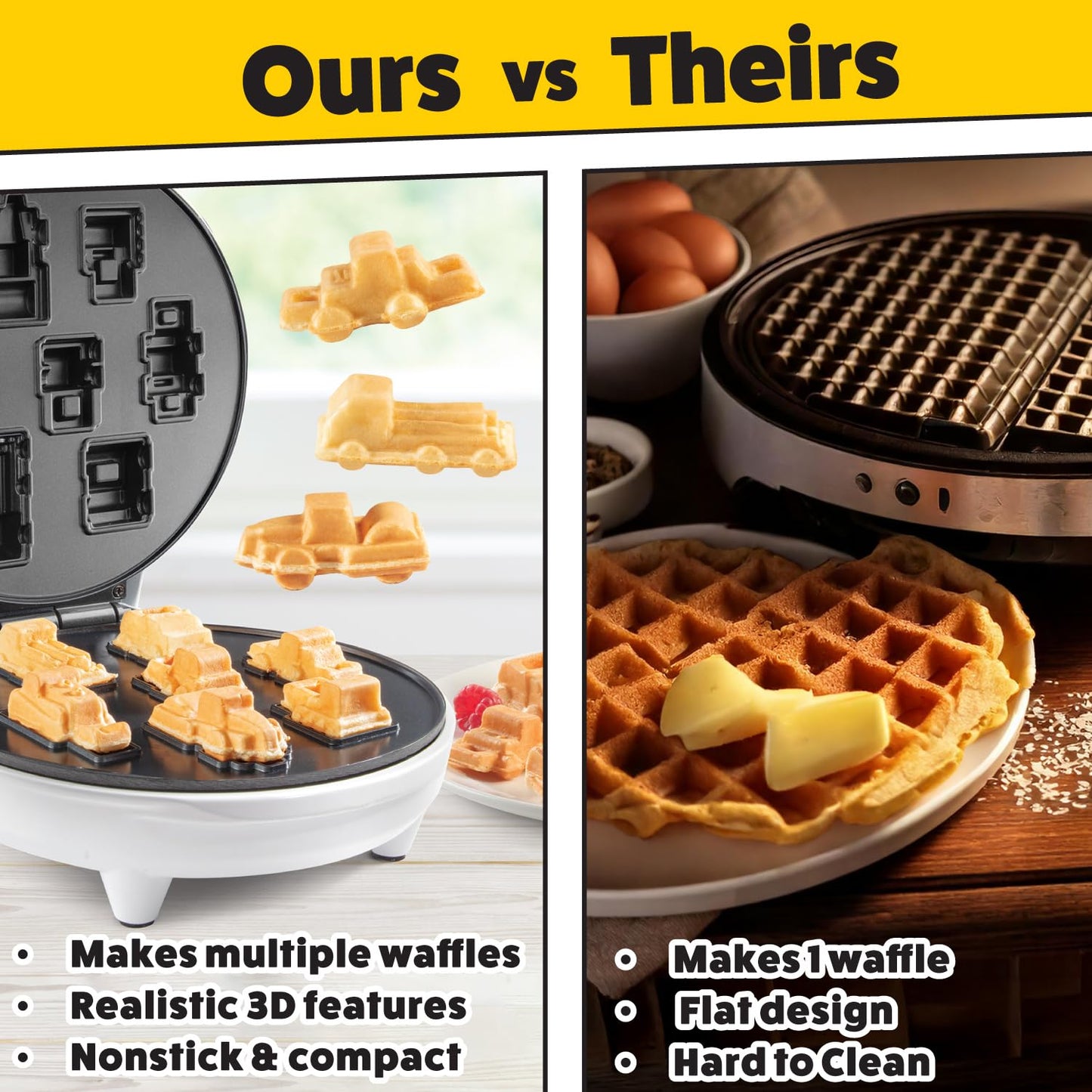 Construction Trucks Mini Waffle Maker - Make 7 Fun, Different Vehicle Shaped Pancakes Featuring a Bulldozer, Forklift & More - Electric Non-Stick Pan Cake Car Waffler Iron