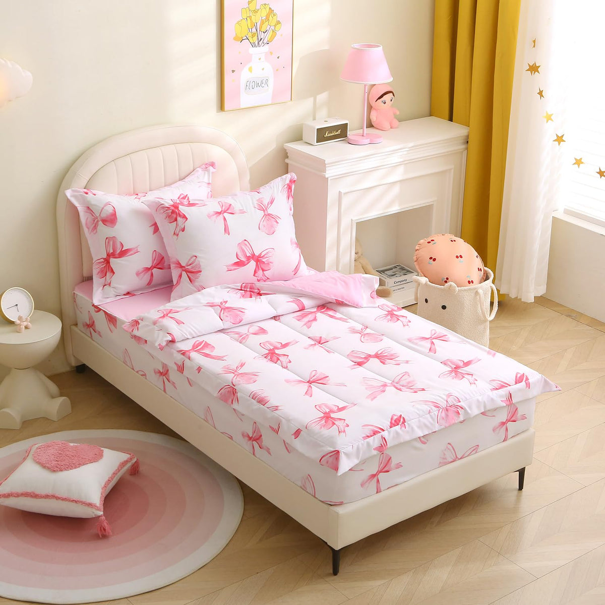 Bow Zipper Bedding Set Twin Size Zipit Bedding for Kids Girls Bow Zip Up Comforter & Sheets Pink Cute Bowknot Zip It Bed Set Children Bedroom Decor