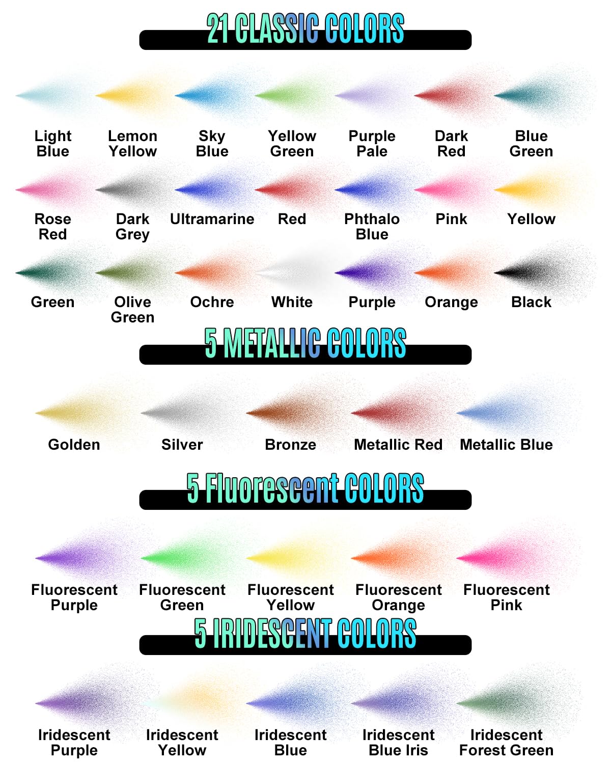 Roizefar Airbrush Paint, 36 Colors with 4.05 Fl Oz Thinner & 4.05 Fl Oz Cleaner, Water-Based Air Brush Paints Acrylic Ready to Spray, Includes Iridescent, Metallic, Neon, Classic Colors, 20ml/Bottle