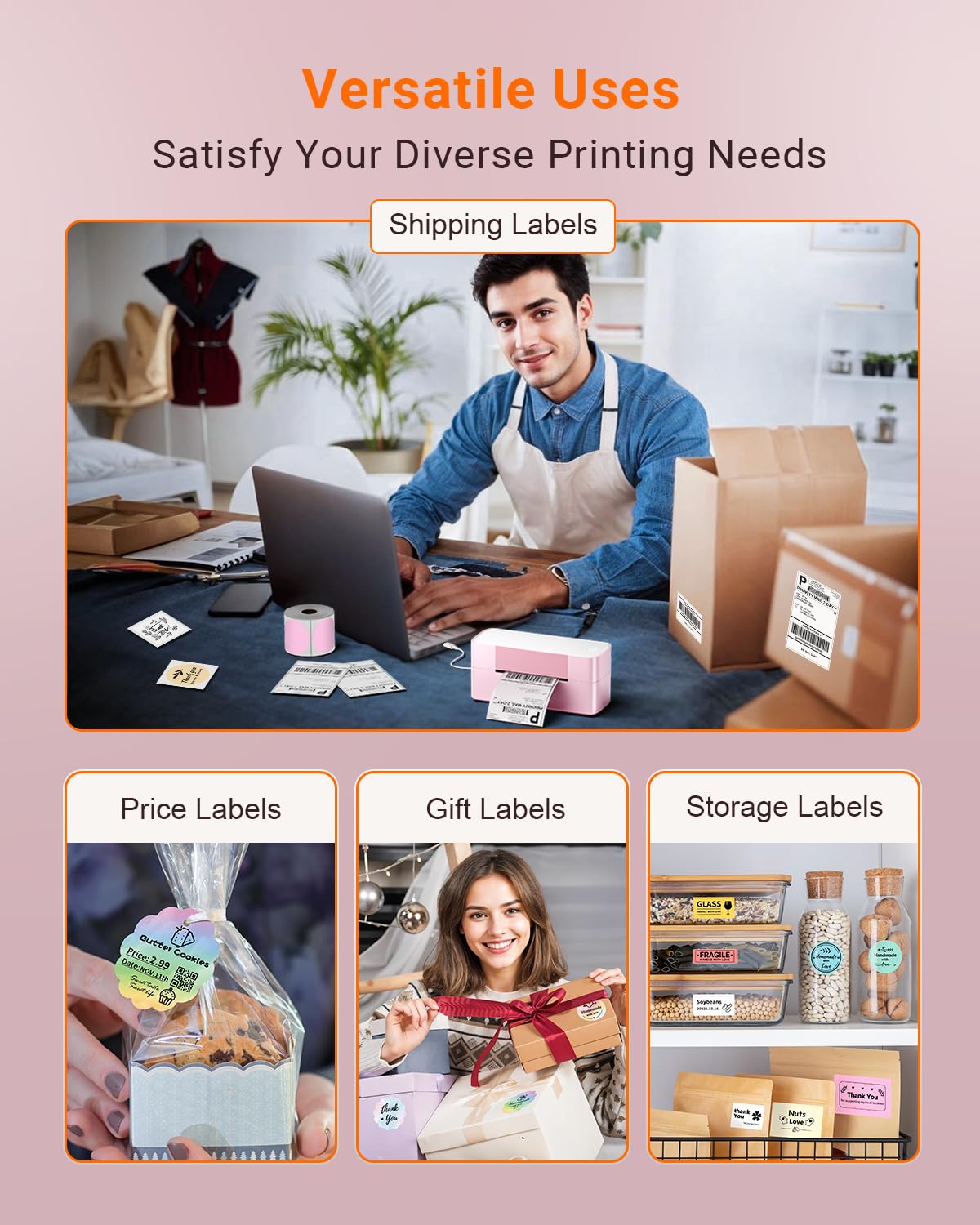 Bluetooth Thermal Label Printer Pink, Wireless Shipping Label Printer 4x6 for Small Business & Shipping Package, Desktop Label Printer, Compatible with macOS, Canada Post, Amazon, Shopify, Etsy