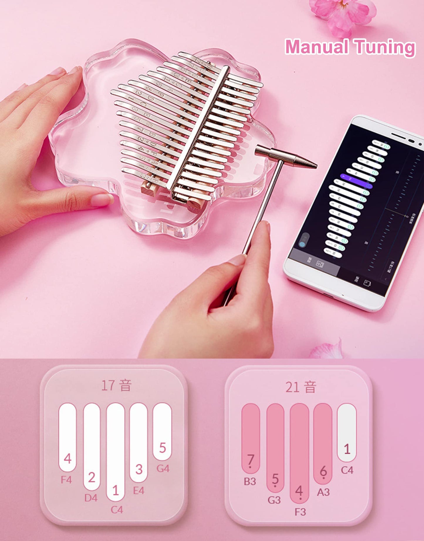 Clear Kalimba Thumb Piano 21 Key with EVA Protective Case Full Kit, Sakura Shape Transparent Crystal Kalimba 17 Key, Professional Musical Instruments for Kid Adult Beginners,Pink 17 Notes