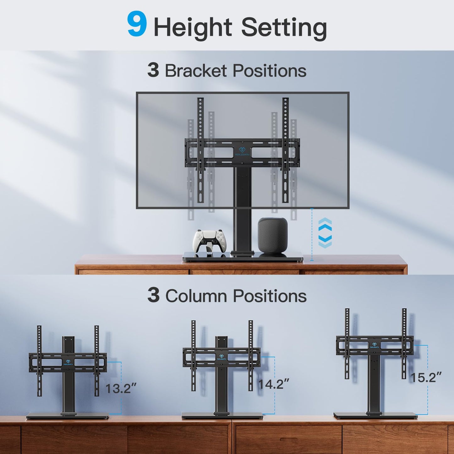 PERLESMITH Swivel Universal TV Stand/Base - Table Top TV Stand for 24-60 inch LCD LED TVs - Height Adjustable TV Mount Stand with Tempered Glass Base, VESA 400x400mm, Holds up to 99lbs PSTVS09