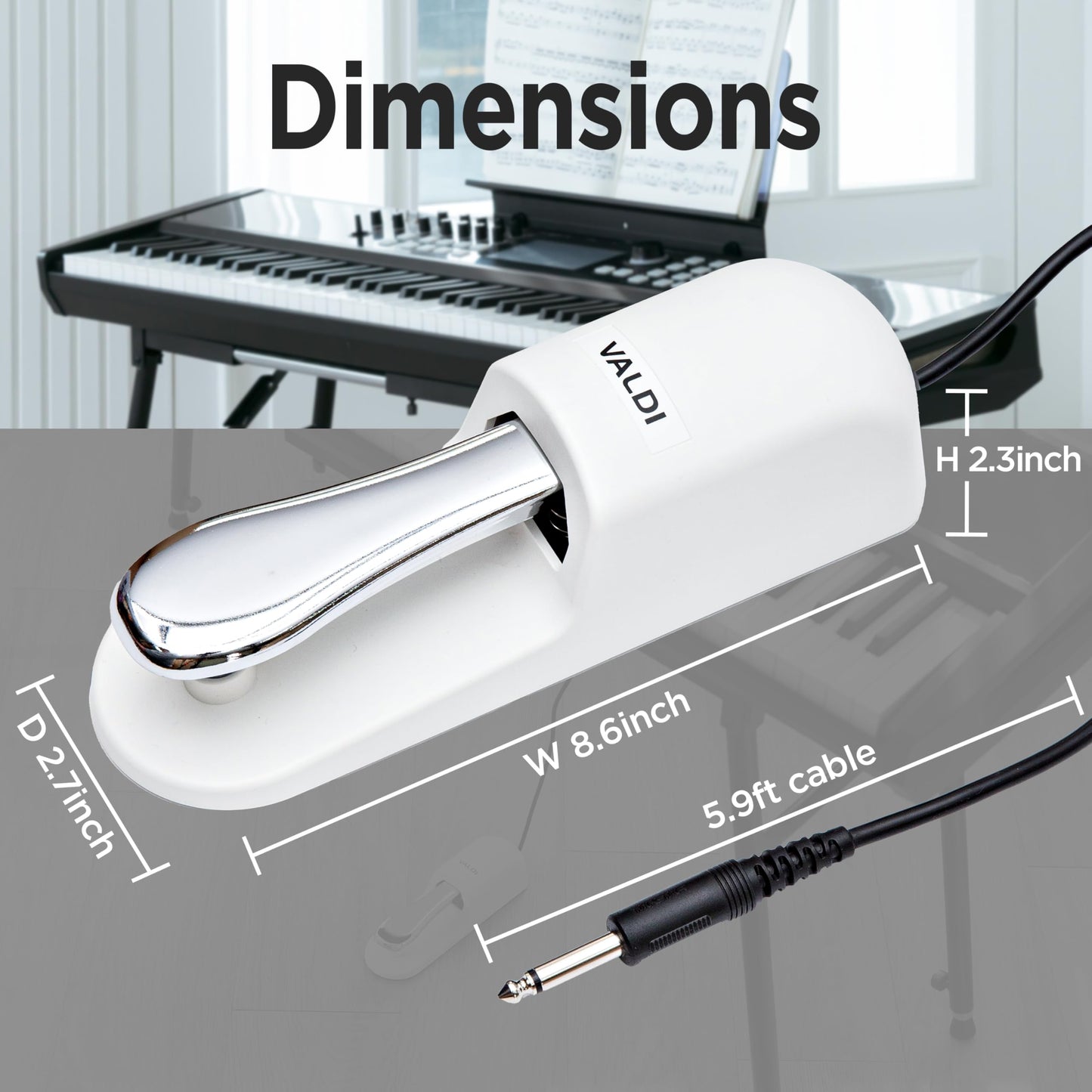VALDI BP-3 Sustain Pedal White - Universal Pedal for Keyboard Piano, Digital Pianos, MIDI Keyboards & Synths - Conversion Switch for All Brands - 1/4'' Jack, Anti-Slip Design, Extended Cable