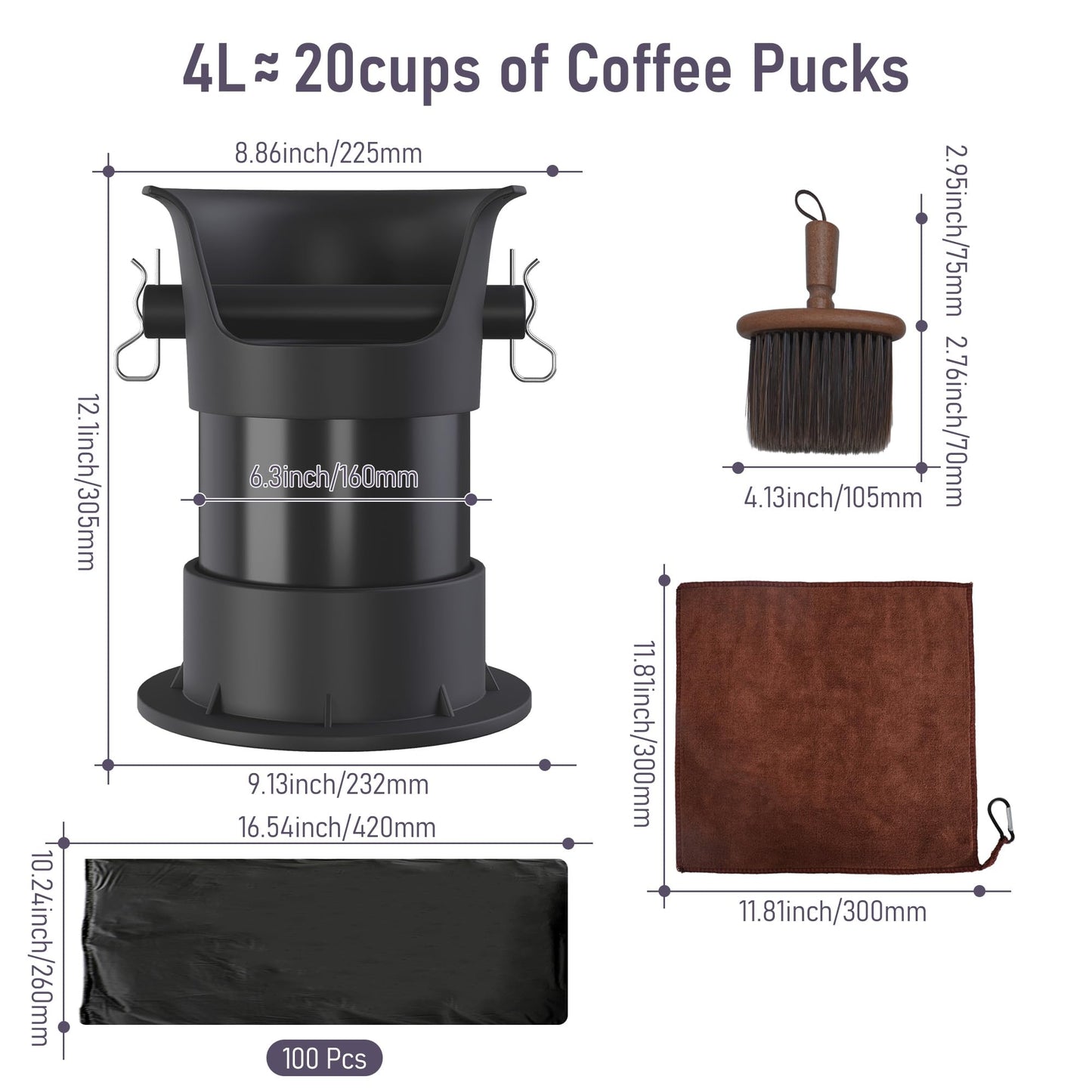 4L Knock Box Espresso, Knock Box for Grounds, Coffee Puck Dump Bin with Barista Towel, Brush and Trash Bags for Espresso Machine Cleaning, Coffee Bar Accessory for Cafes Breakroom