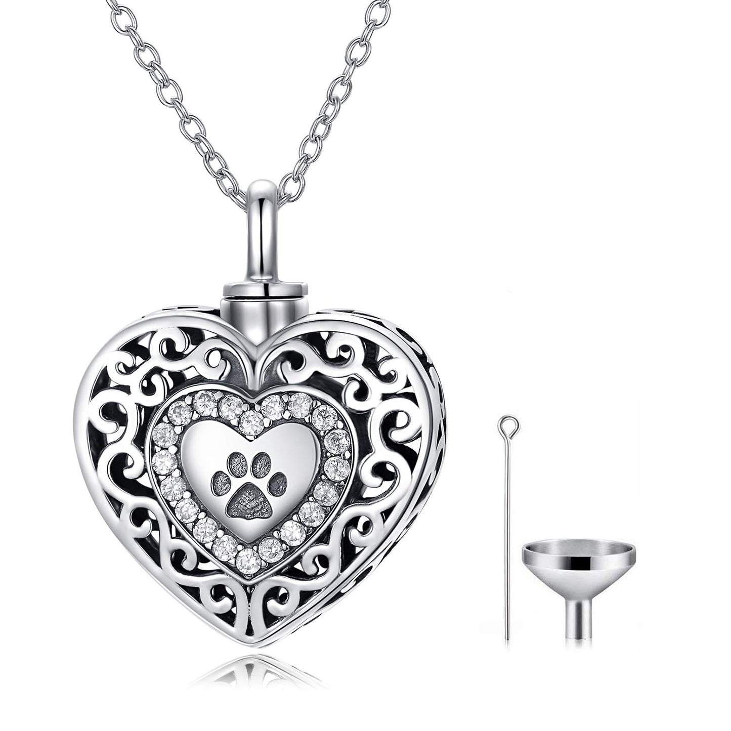 PEIMKO 925 Sterling Silver Filigree Dog Paw Print Pet Urn Necklace for Ashes Cremation Jewelry Forever in My Heart Keepsakes Memorial Necklaces Meaningful Gifts