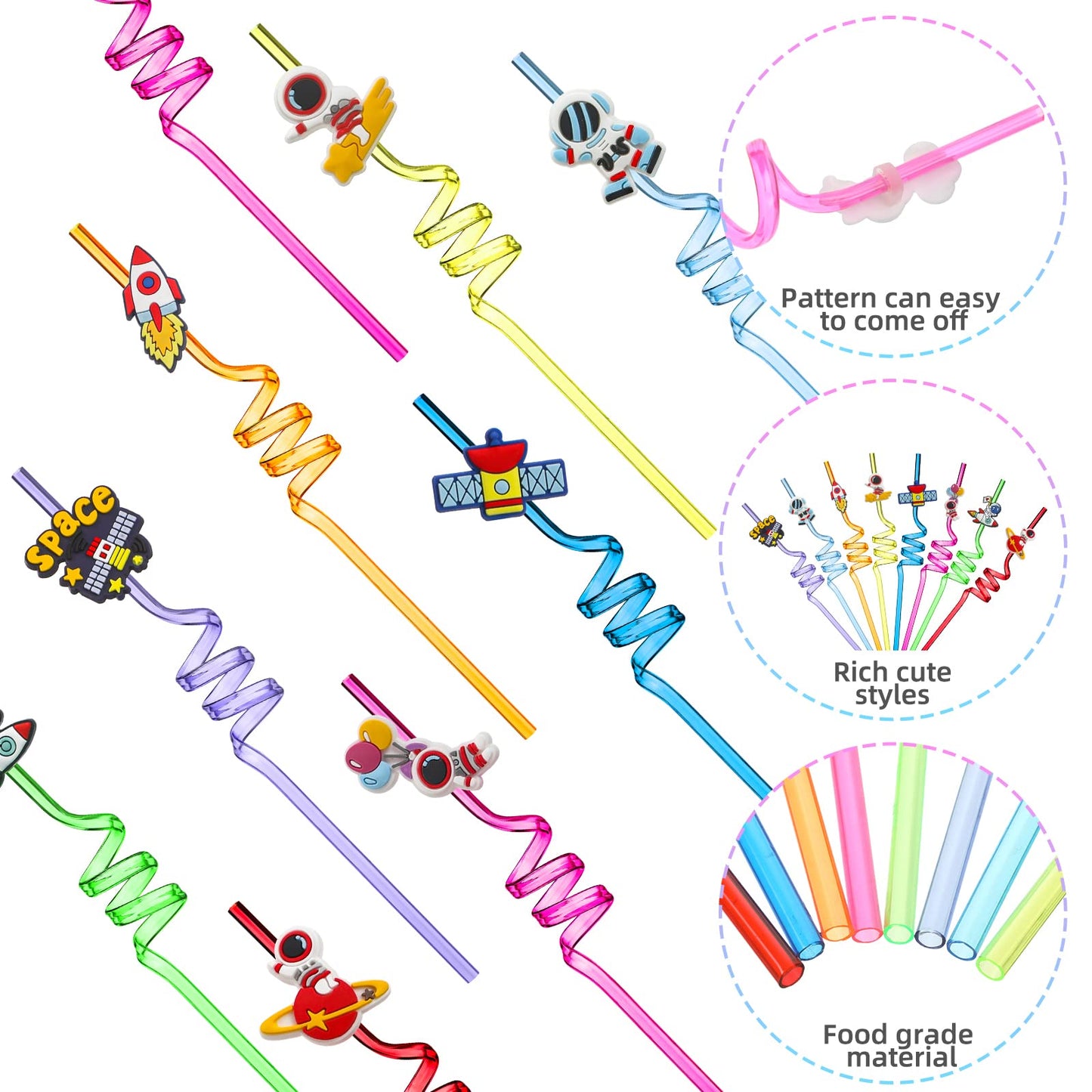 24 Pcs Outer Space Straws Party Favors Reusable Plastic Solar System Rocket Spaceship Astronaut Satellite Planet Straws for Space Theme Birthday Party Supplies Decorations