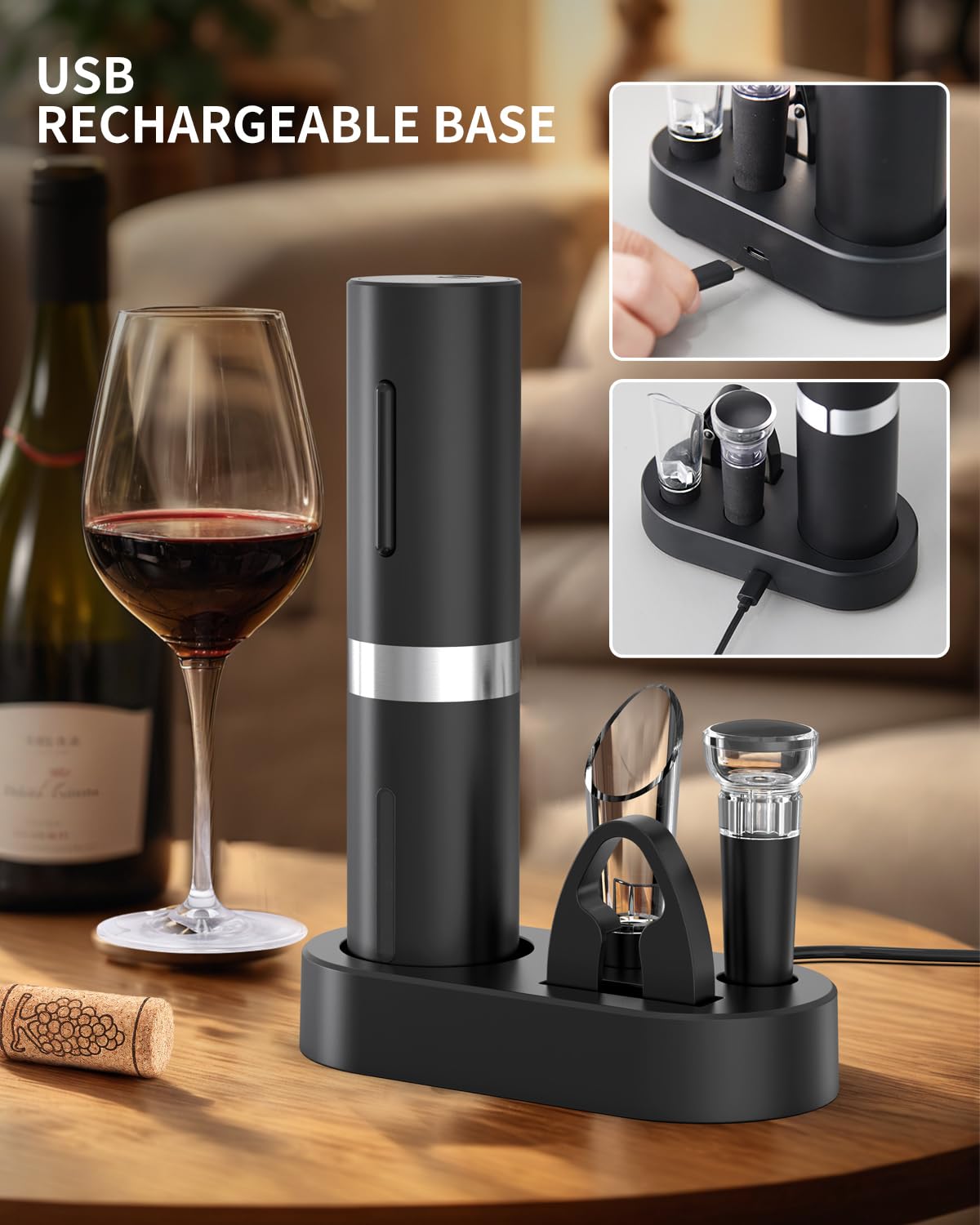 CIRCLE JOY 5-in-1 Electric Wine Opener Set, Rechargeable Wine Corkscrew Bottle Opener with Charging Station, Foil Cutter, Led Indicator, Aerator Pourer and Vacuum Stopper