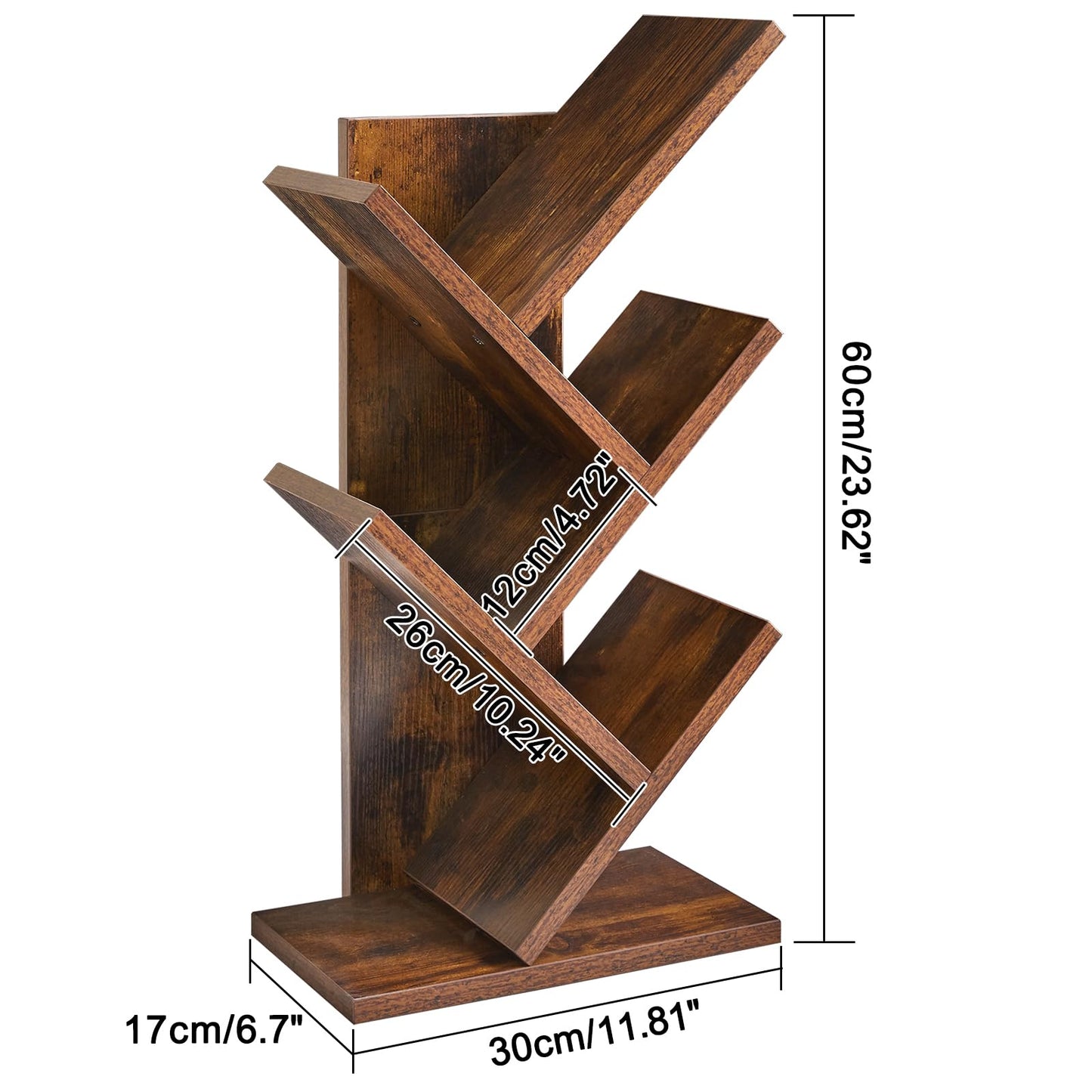 YMYNY 4-Tier Tree Bookshelf, Small Bookcase, Modern Wood Book Storage Rack, Freestanding Book Shelf for Books/Movies/CDs, Narrow Display Rack for Living Room, Home Office, Rustic Brown HBC014H