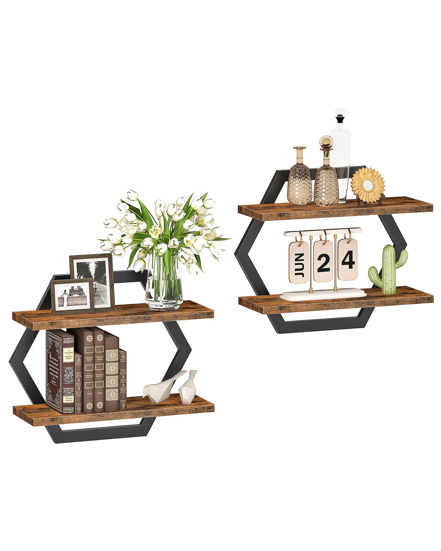 CHOEZON Hexagon Floating Shelves for Wall, Set of 2, 2 -Tier Hanging Shelves, Wall Mounted Storage Shelves, for Living Room, Bedroom, Kitchen, Home Office, Study, Rustic Brown and Black TBJ06P2BF