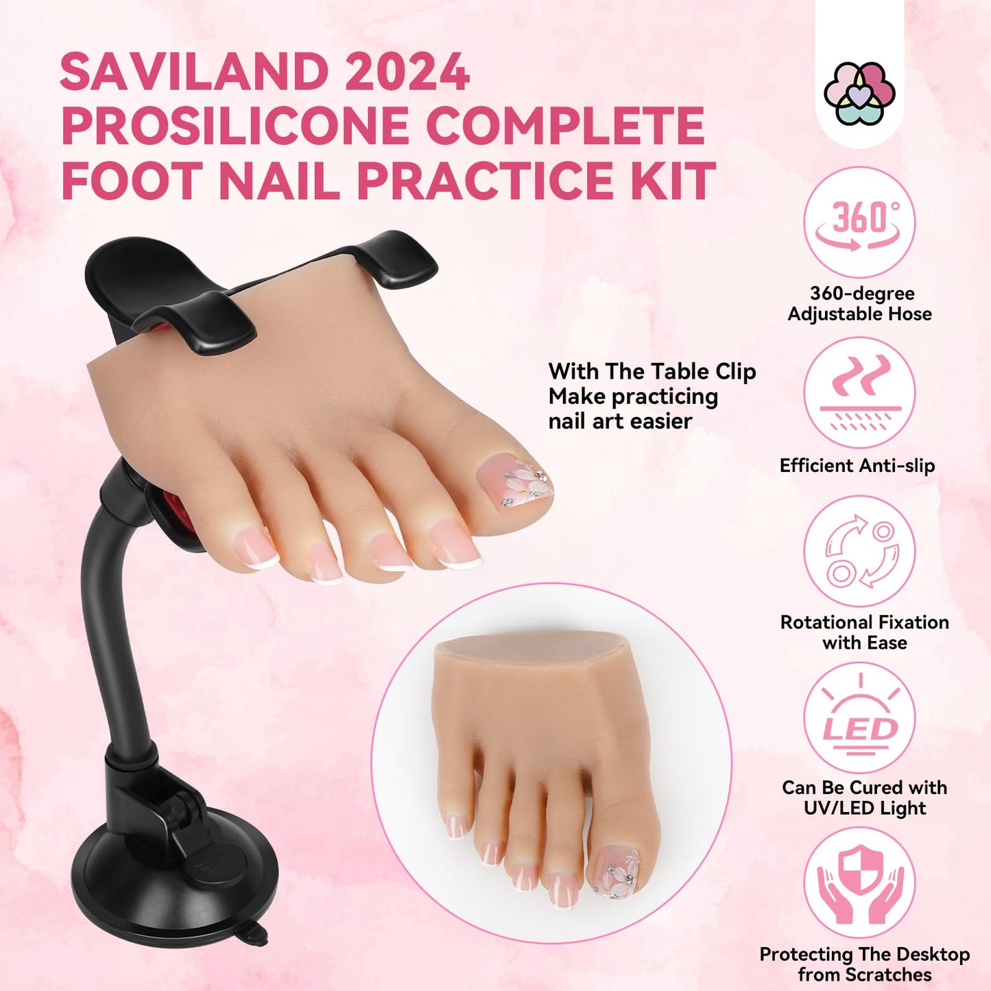 SAVILAND Silicone Foot for Nail Practice: 2025 Upgraded UP-TO-REAL Flexible Nail Foot Bendable Nail Foot Mannequin Table Clip Practice Foot Acrylic Nails Toe Fake Feet Salon Nail Art Learner (Right)