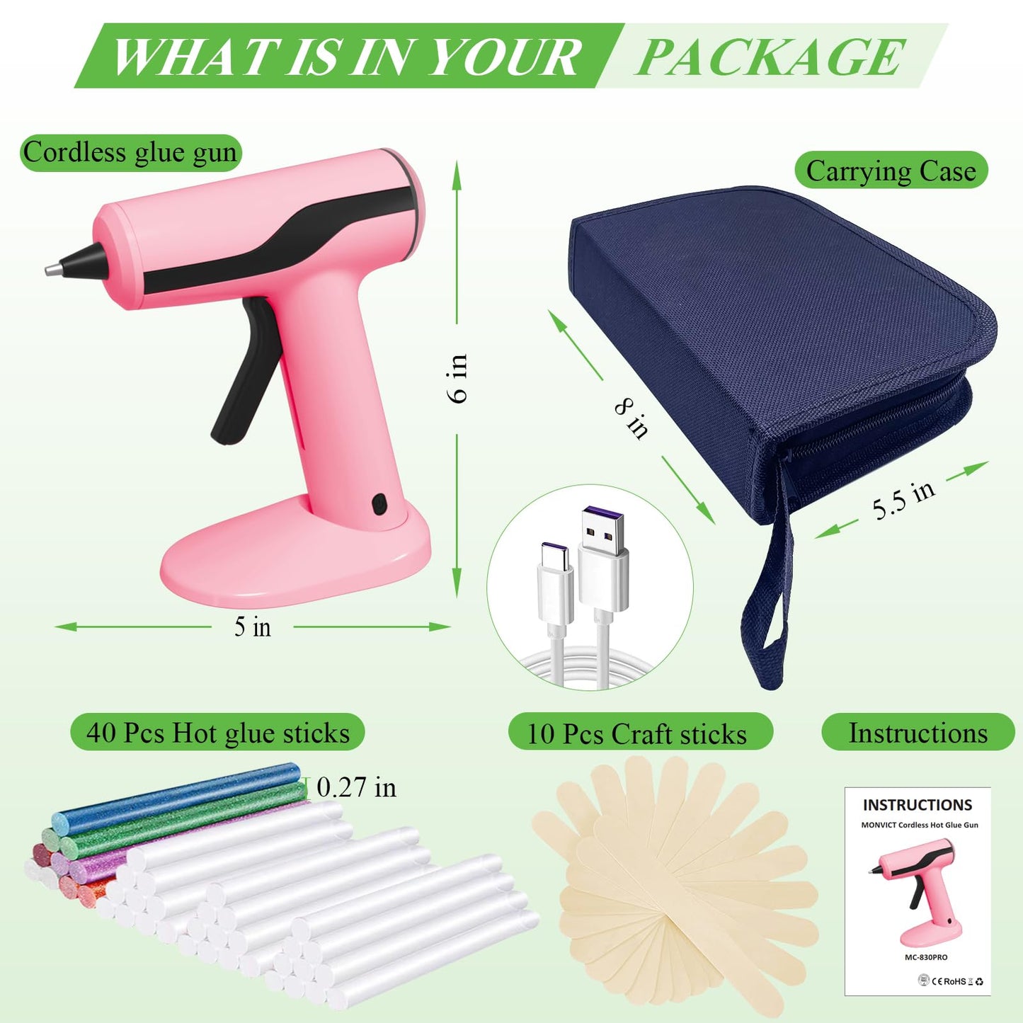 MONVICT Cordless Hot Glue Gun Kit, USB-C Rechargeable Mini Pink Glue Gun with 40 Pcs Premium Glue Sticks, 10 Pcs Craft Sticks, Carrying Case, Smart Power-Off Hot Melt Glue Gun for DIY Craft Gift