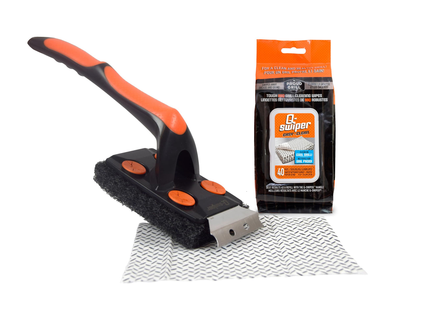 Proud Grill Q-Swiper XL BBQ Grill Brush Cleaner Set - 1 Long Grill Brush with Scraper & 40 Cleaning Wipes, Easy-Clean, Bristle & Wire Free, Grease & Grime Remover, Cleaner Kit for Outdoor Smoker
