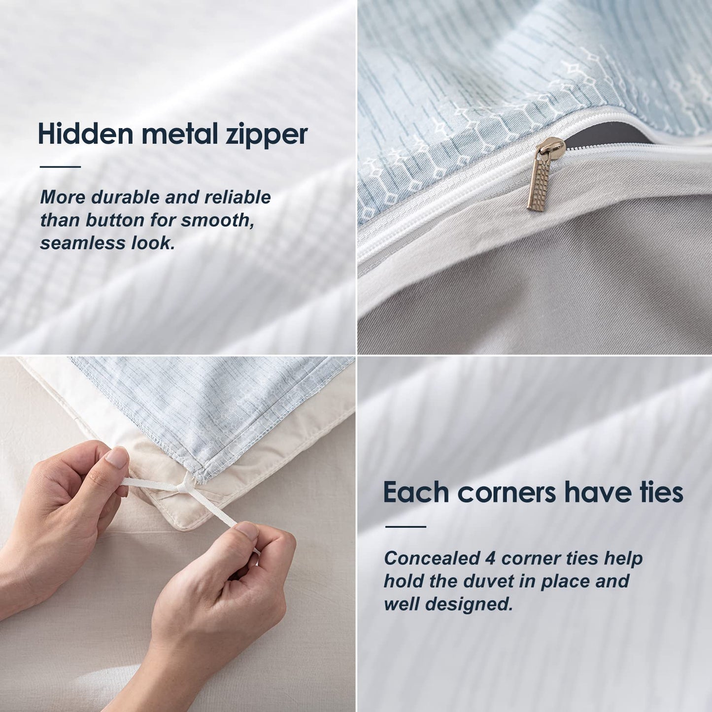 WARMDERN Boho Striped Duvet Cover Set Queen Size Cotton White Grey Bedding Set 3 Piece Ultra Soft Geometric Stripes Duvet Cover with Zipper Closure & Corner Ties 2 Pillowcase(Blue Queen)