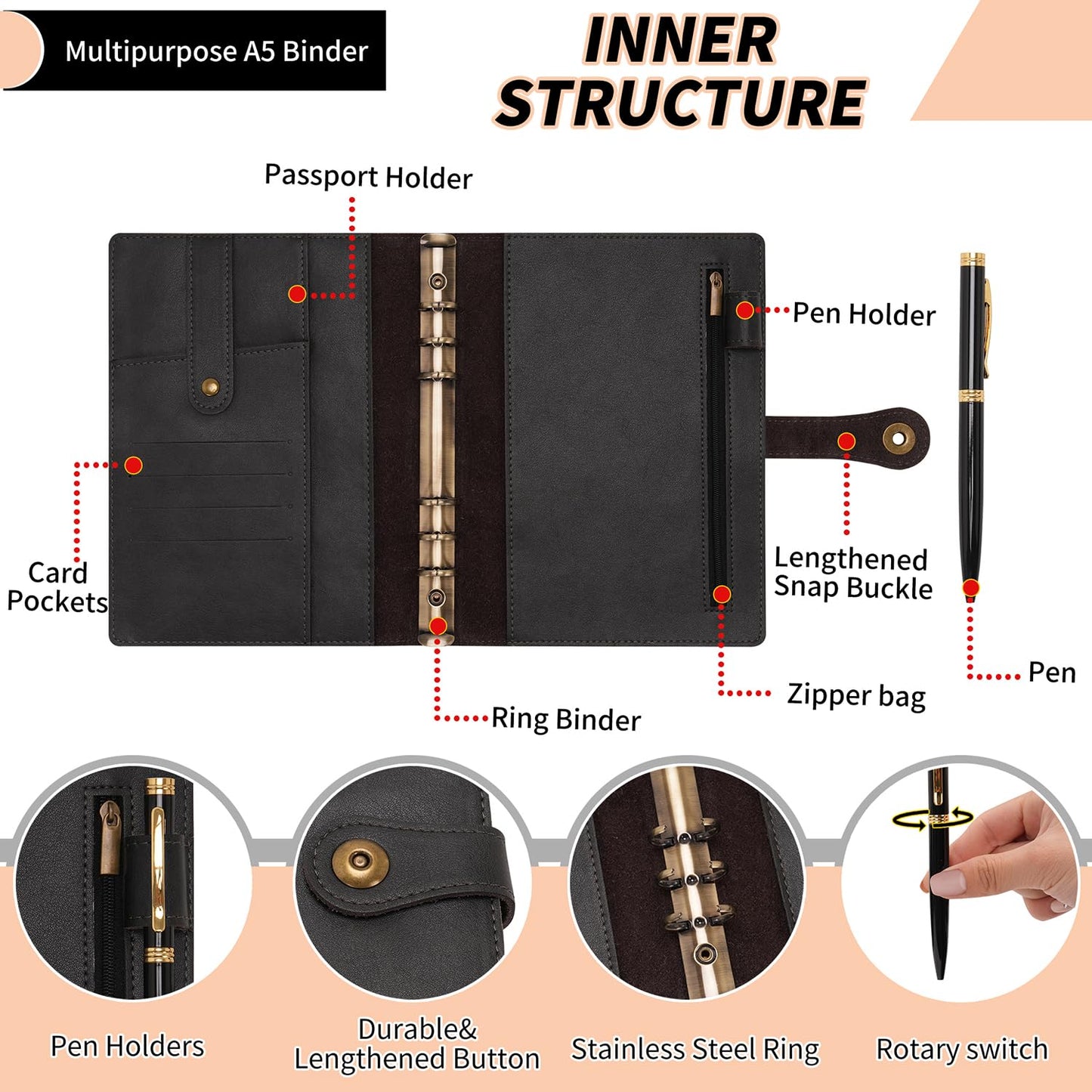 Wonderpool Binder Journal Leather Spiral Notebook Refillable College Ruled Paper, Budget Binder Rings Diary Organizer with Pen for Office School Travel Business Planning Writing (Black,A5)