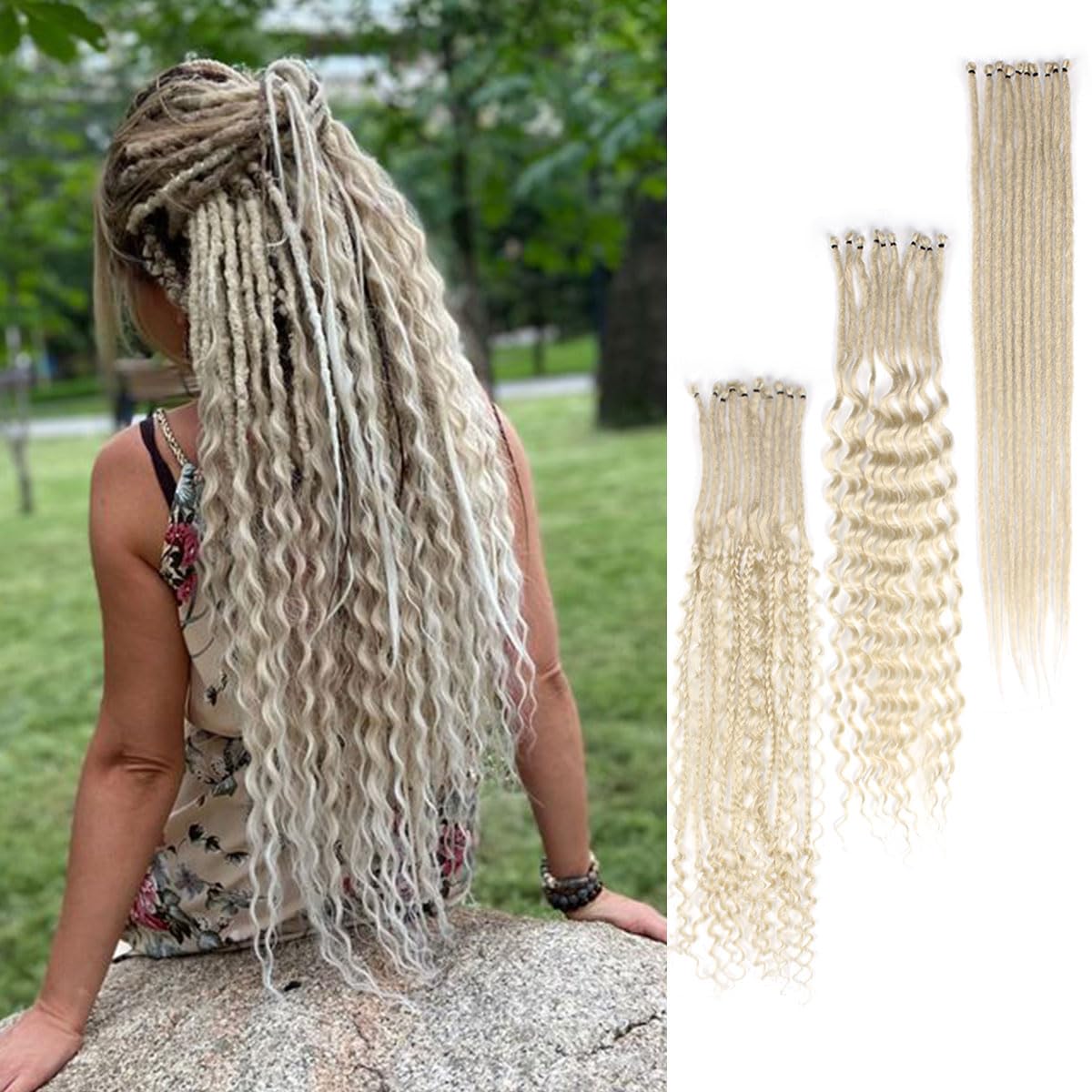 Lounoke 24 Inch 30 Strands SE Dreadlock Extensions Sets?3 In 1 Mixed Synthetic Dreads Extensions, 613 Blonde Straight&Curly&Boho Handmade Dreads Hippie Style Dreadlocks for Woman …
