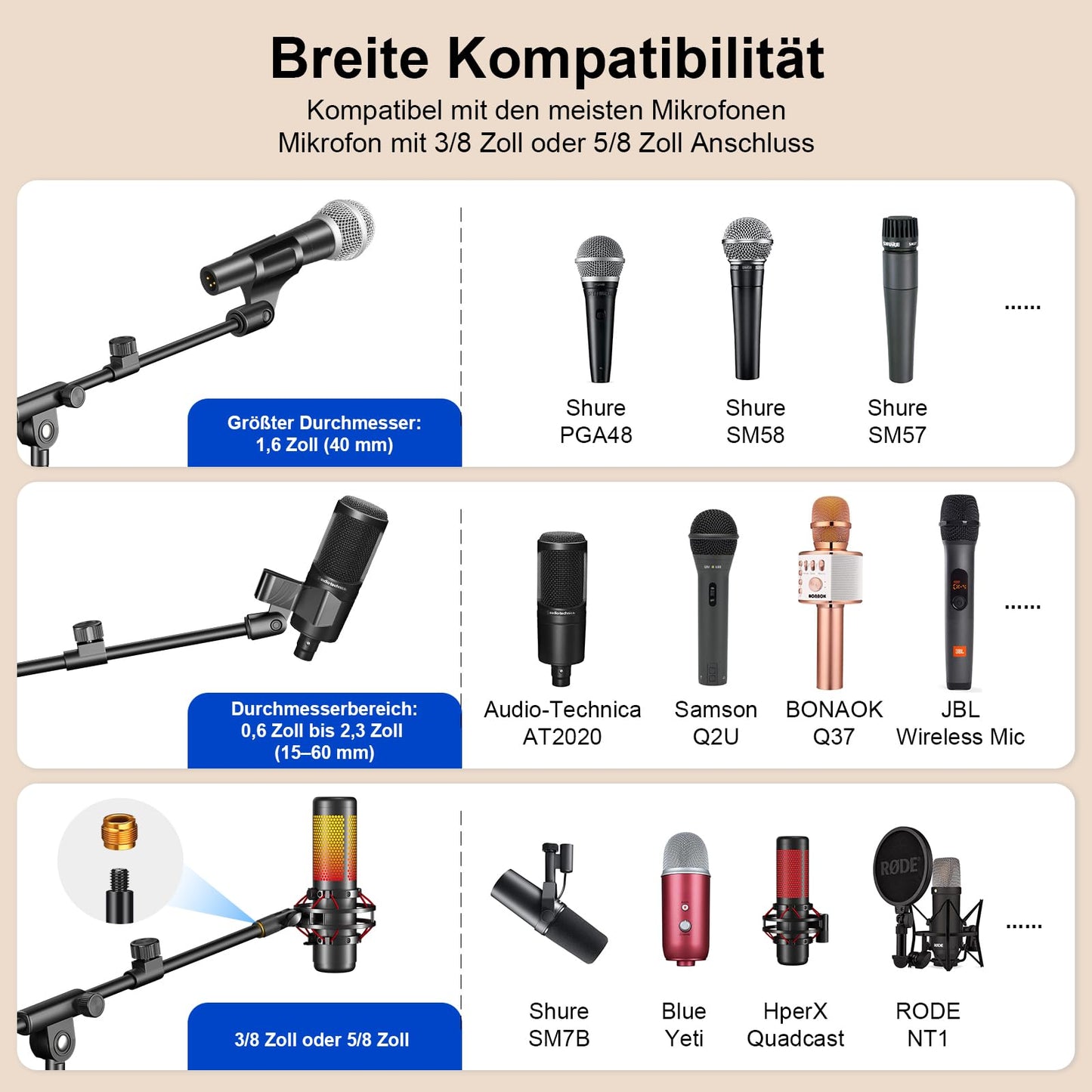 Microphone Stand, Tripod Boom Arm Floor Mic Stand Height Adjustable Heavy Duty with Carrying Bag 2 Mic Clips 3/8" to 5/8" Adapter for Singing Podcast for Blue Yeti Shure SM58 SM48 Samson Q2U
