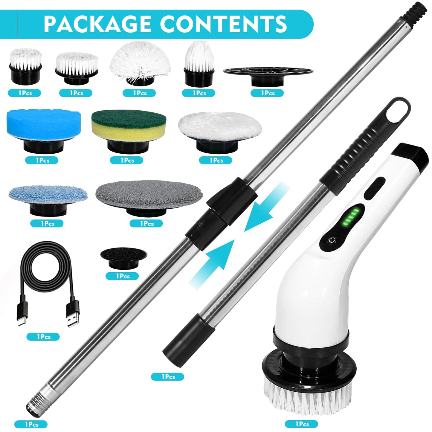 Electric Spin Scrubber, Electric Cleaning Brush Comes with 9 Different Replacement Heads and Removable Telescopic Pole,Electric Bathroom Scrubber for Floor, Tile, Kitchen, Tub, Car.