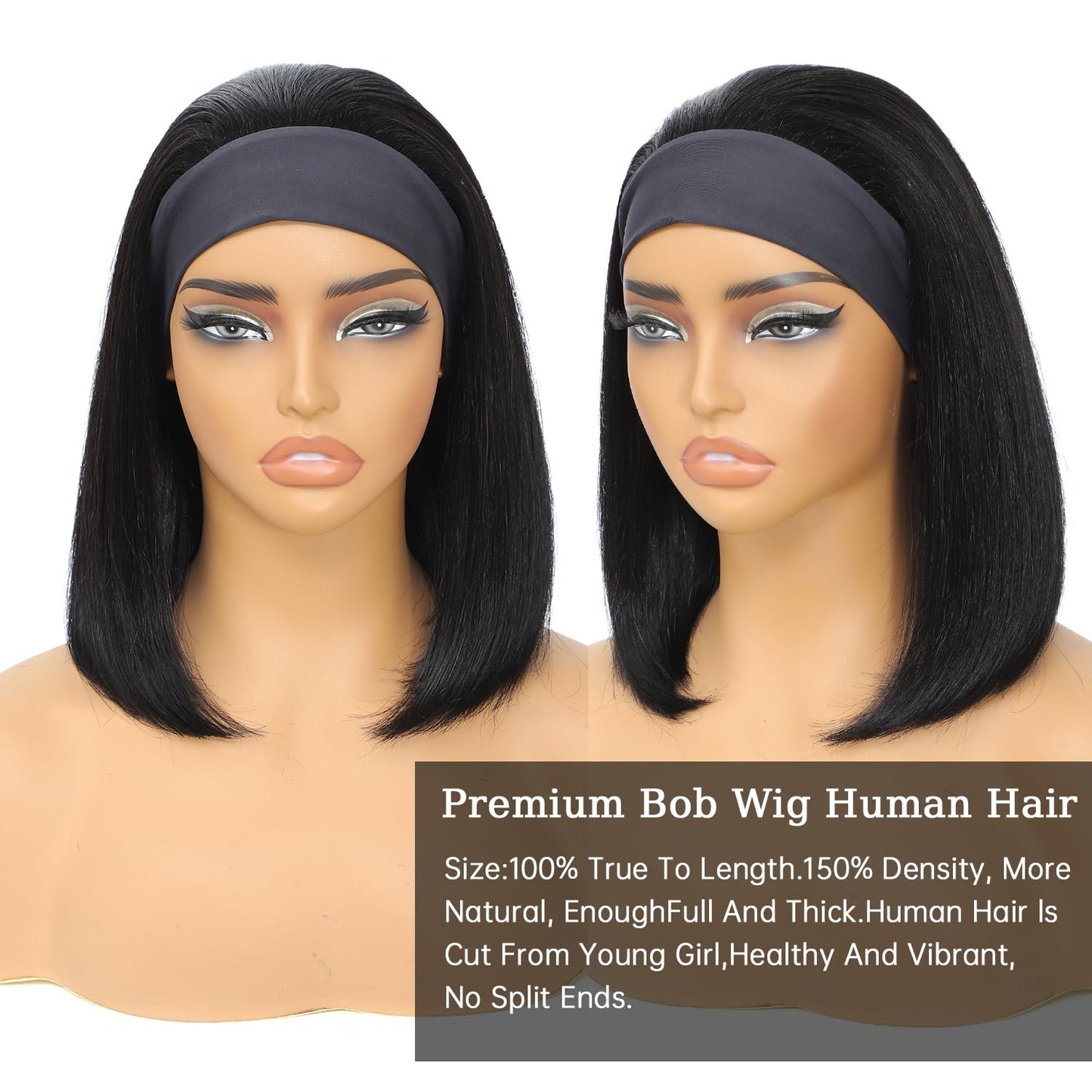Headband Wigs Human Hair 12 Inch Bob Headband Wigs For Black Women Wear And Go Short Bob Wigs Glueless Wigs Human Hair Natural Black Headband Wig Human Hair Straight 150% Density