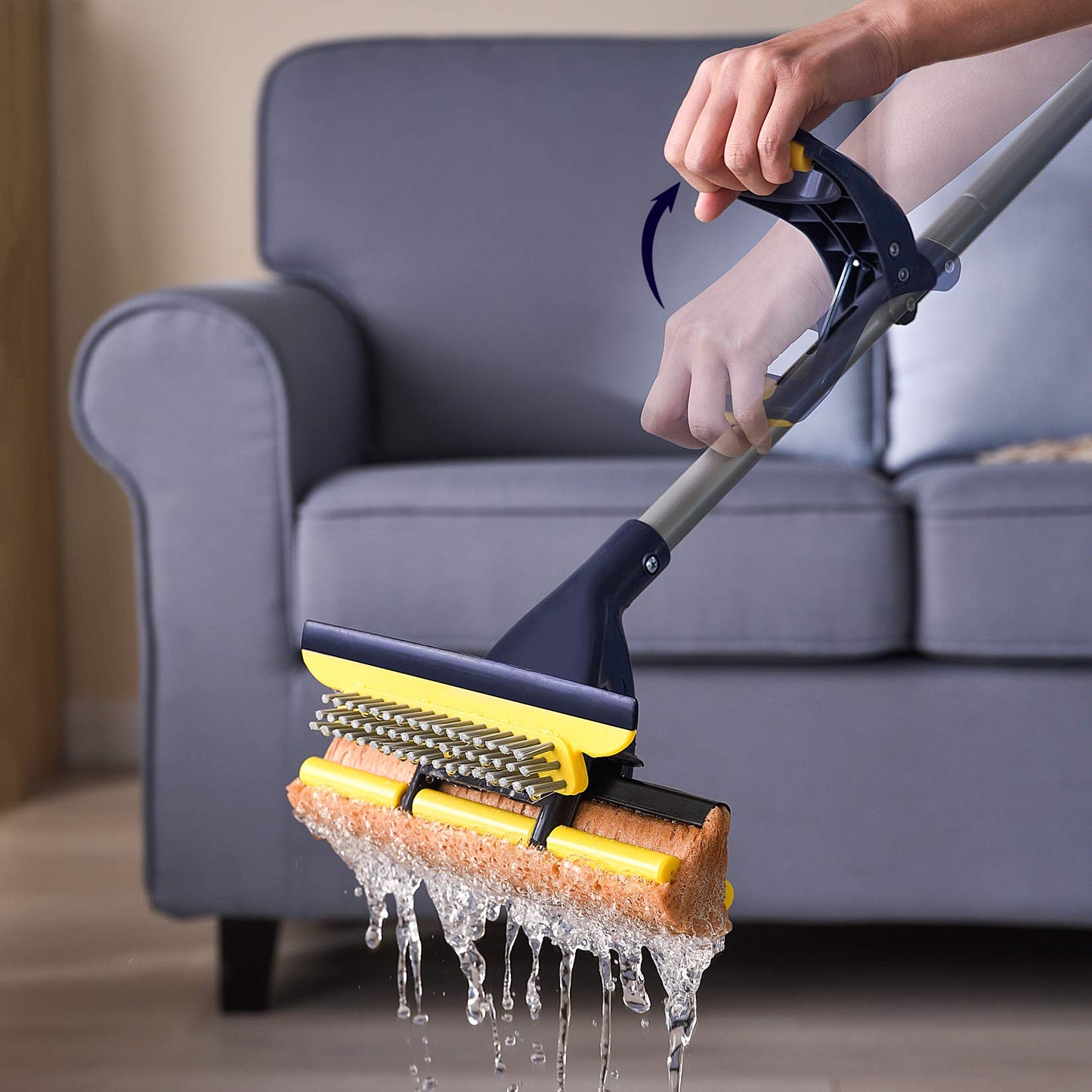 Yocada Sponge Mop Home Commercial Use Tile Floor Bathroom Garage Cleaning with Squeegee and Extendable Telescopic Long Handle 41-53 Inches Easily Dry Wringing