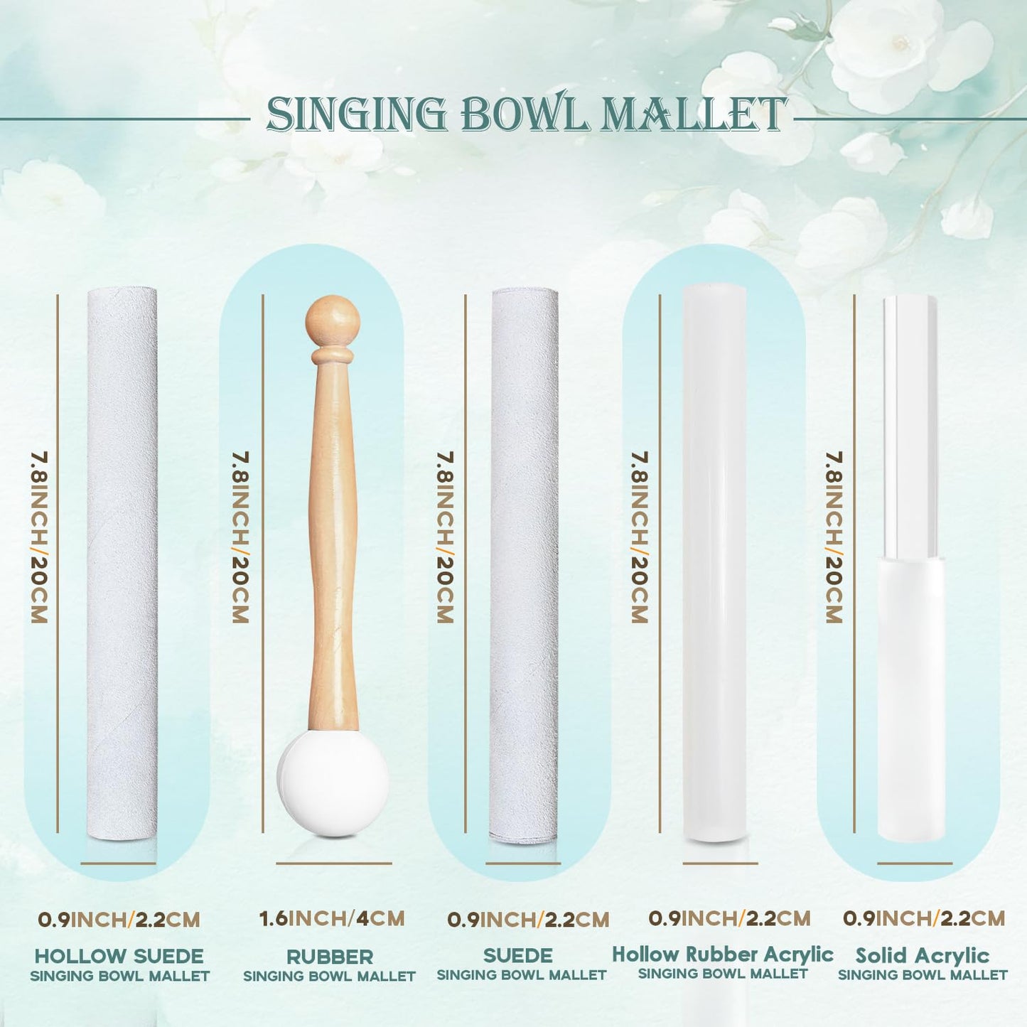 UPCEED 5 Pcs Singing Bowl Mallet Set, Rubber Mallet with Wooden Handle, Acrylic Silicone Rubber Mallet Striker, Handmade Thick Suede Sheepskin Striker for Playing Quartz Crystal Singing Bowls
