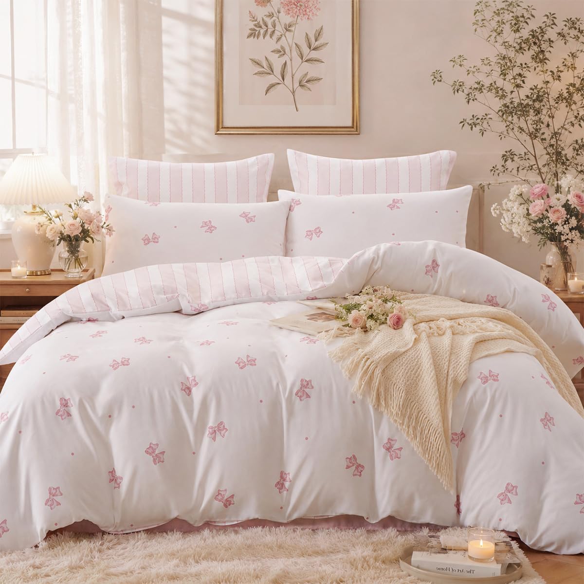 Bildenly White Comforter Set Full Size - Pink Bow Quilt Bedding Set 3 Pieces, Sripes Comforter Set Full, Soft Comforter(79‘’ x 90‘’) for Girl All Season & 2 Pillowcases(30‘’x20‘’)