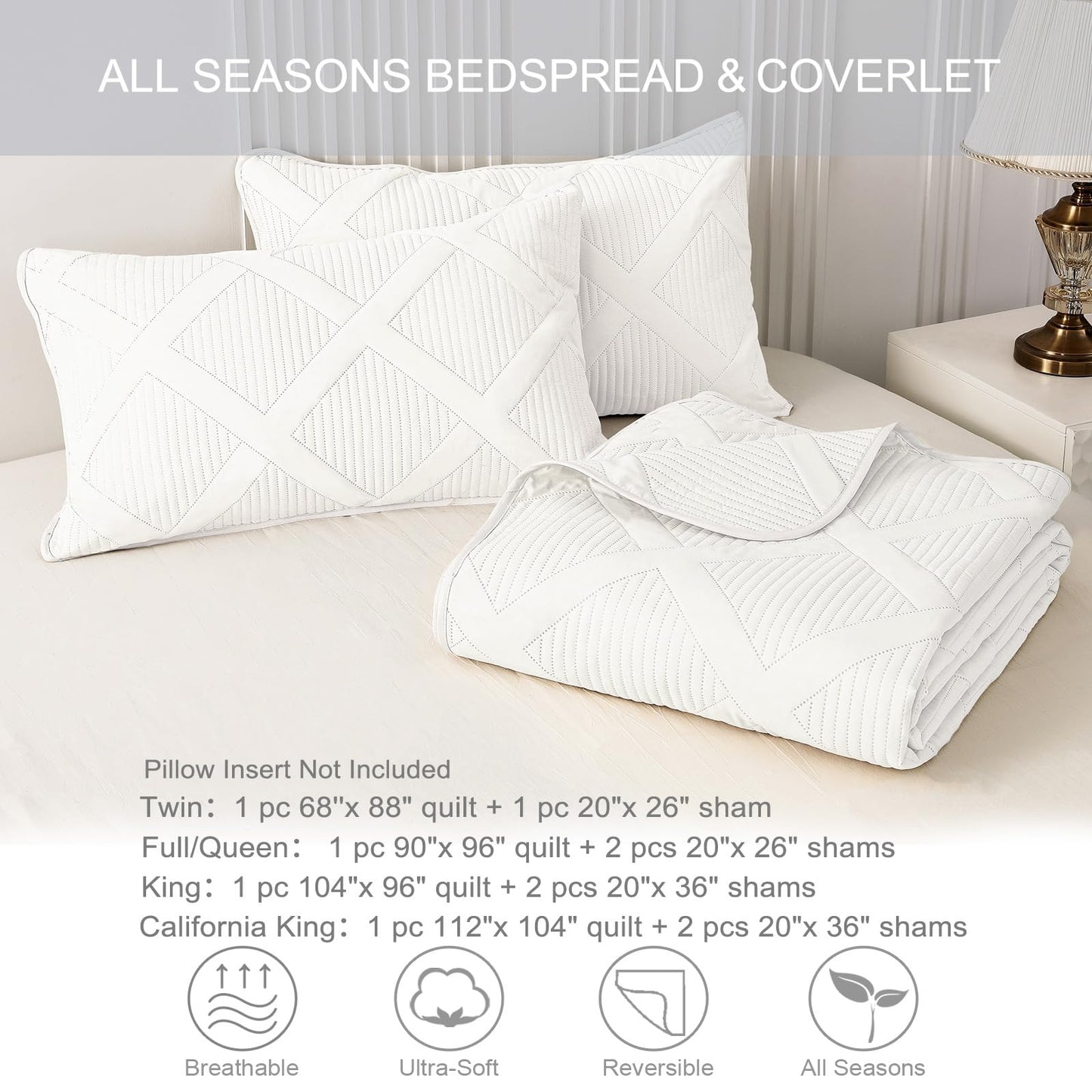 Exclusivo Mezcla Quilts Queen Size - White Quilt Set Bedspread with 2 Pillow Shams, Modern Bedding Set with Striped Pattern, Soft Lightweight Bedspreads Queen Size for All Seasons
