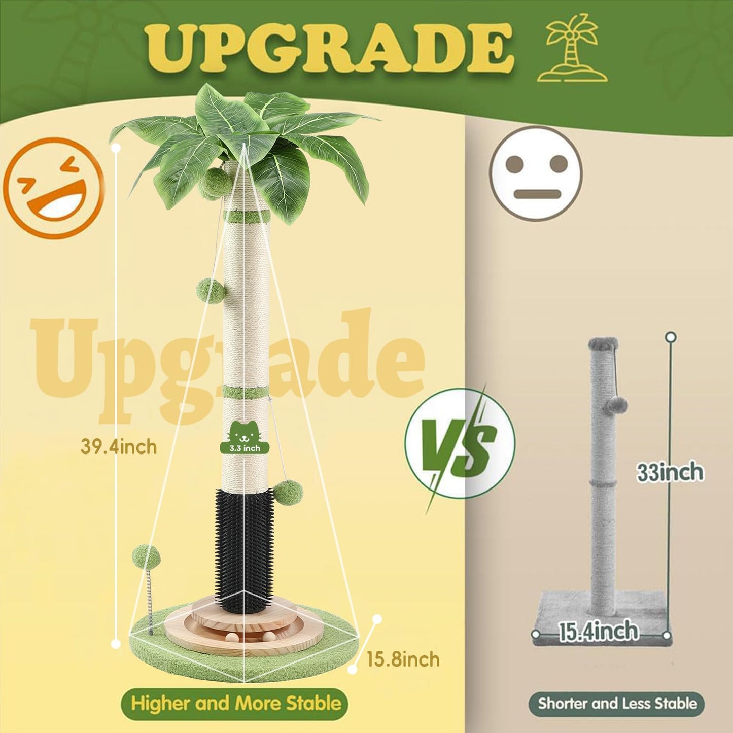 COUNER 39.4'' Tall Cat Scratching Post,3.5 Inch Wide Sisal Rope Scratching Post for Indoor Adults Kittens,Cat Scratcher with Stable Wood Base Interactive Ball Toys Self Groomer Brush for Large Cats