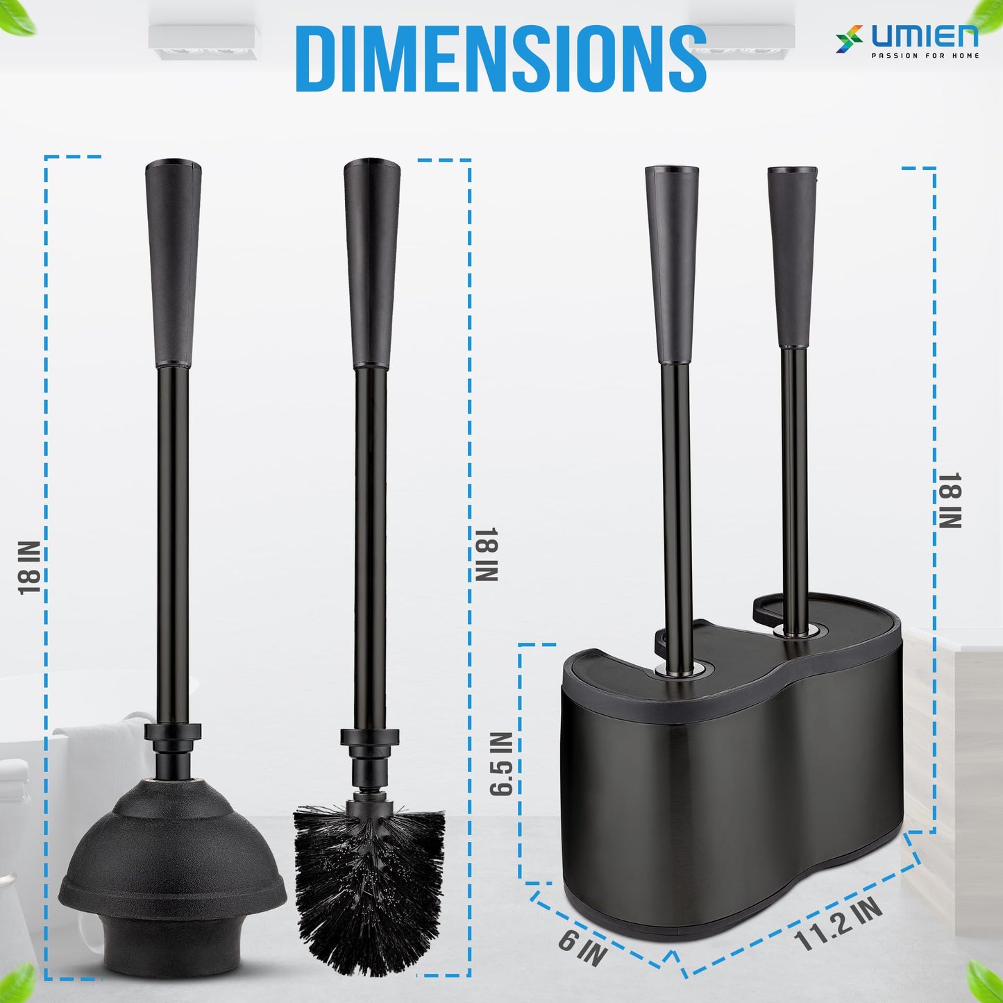 UMIEN™ Toilet Brush and Plunger Set - Black Stainless Steel Plunger and Toilet Brush Combo with Freestanding Canister - Modern and Sleek Bathroom Cleaning Accessories…