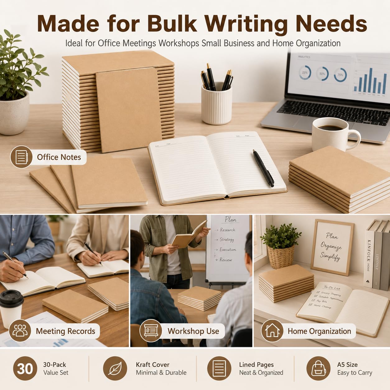30 Pack Journal Notebook, Kraft Cover Lined Paper Journal for Traveler, Notes, Memo - Bulk Journals Sewn Brown Notebook, 80 Pages, 8.3'' x 5.5'' (30pack, 80 Pages Lined)