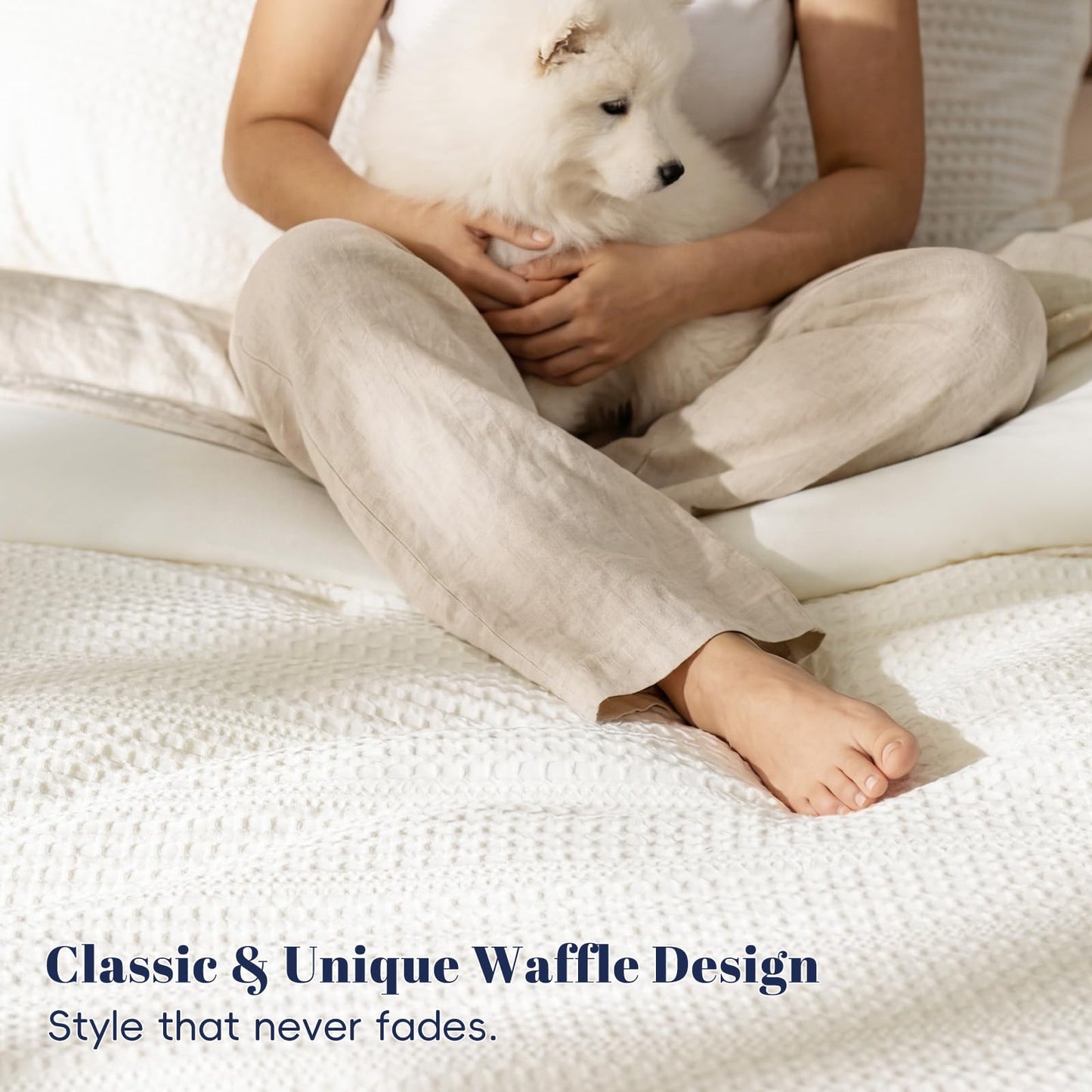 PHF Soft Waffle Comforter Set Queen Size- Comfy Breathable Waffle Weave Comforter with 2 Pillow Shams, 3 Pieces No Snagging Lightweight Bedding Set for All Season, Cream
