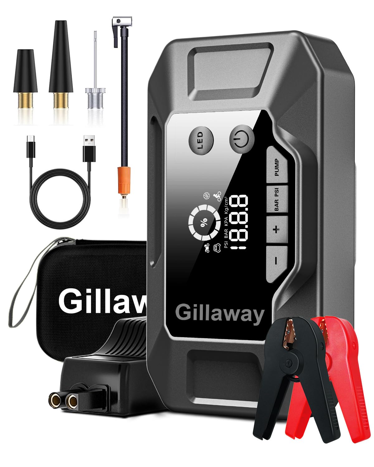 Gillaway Q11 4000A Jump Starter, Portable Car Jump Starter with Air Compressor, 150PSI Car Battery Jump Starter (9.0 Gas/8.0L Diesel), 12V Jump Box Car Battery Jumper Starter with Large LCD Display