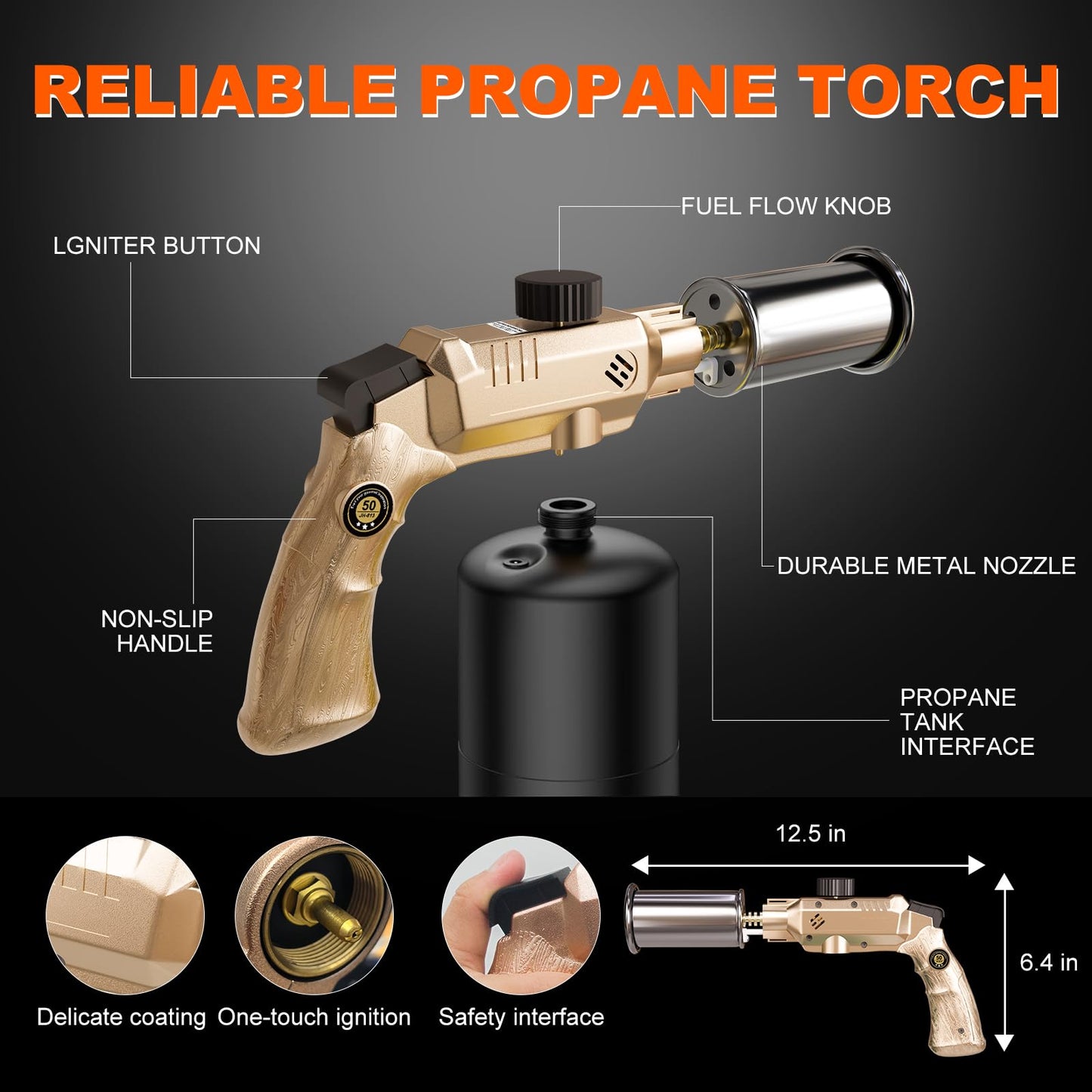 Propane Torch Gun, Powerful BBQ and Cooking Torch with Automatic Ignition, Handheld Kitchen Torch, Blow Torch Ideal for Searing Steaks, Welding and Festive Gifting
