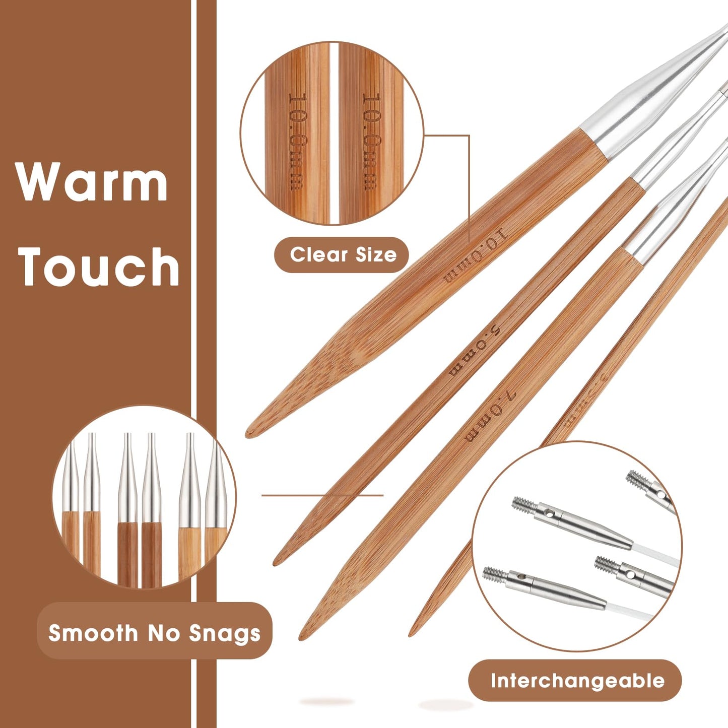 Guclud Bamboo Knitting Needles Set, 5-Inch Interchangeable Circular Knitting Needles US 4-15 (3.5-10mm),12 Pairs of Hand-Polished Circular Needles, 4 Cables, Accessories & Case (Bamboo/Silver Tip)