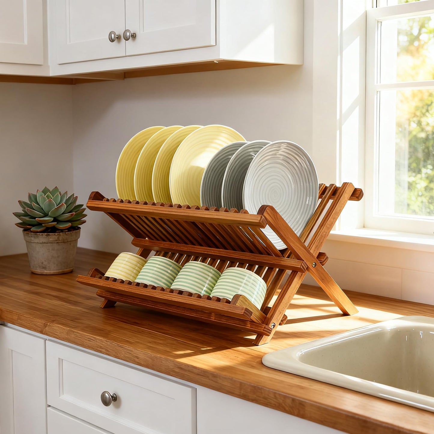 Utoplike Teak Wood Dish Drying Rack, Collapsible 2-Tier Drainer Rack, Plate Rack Holder for Kitchen Countertop, Foldable for Compact Saving