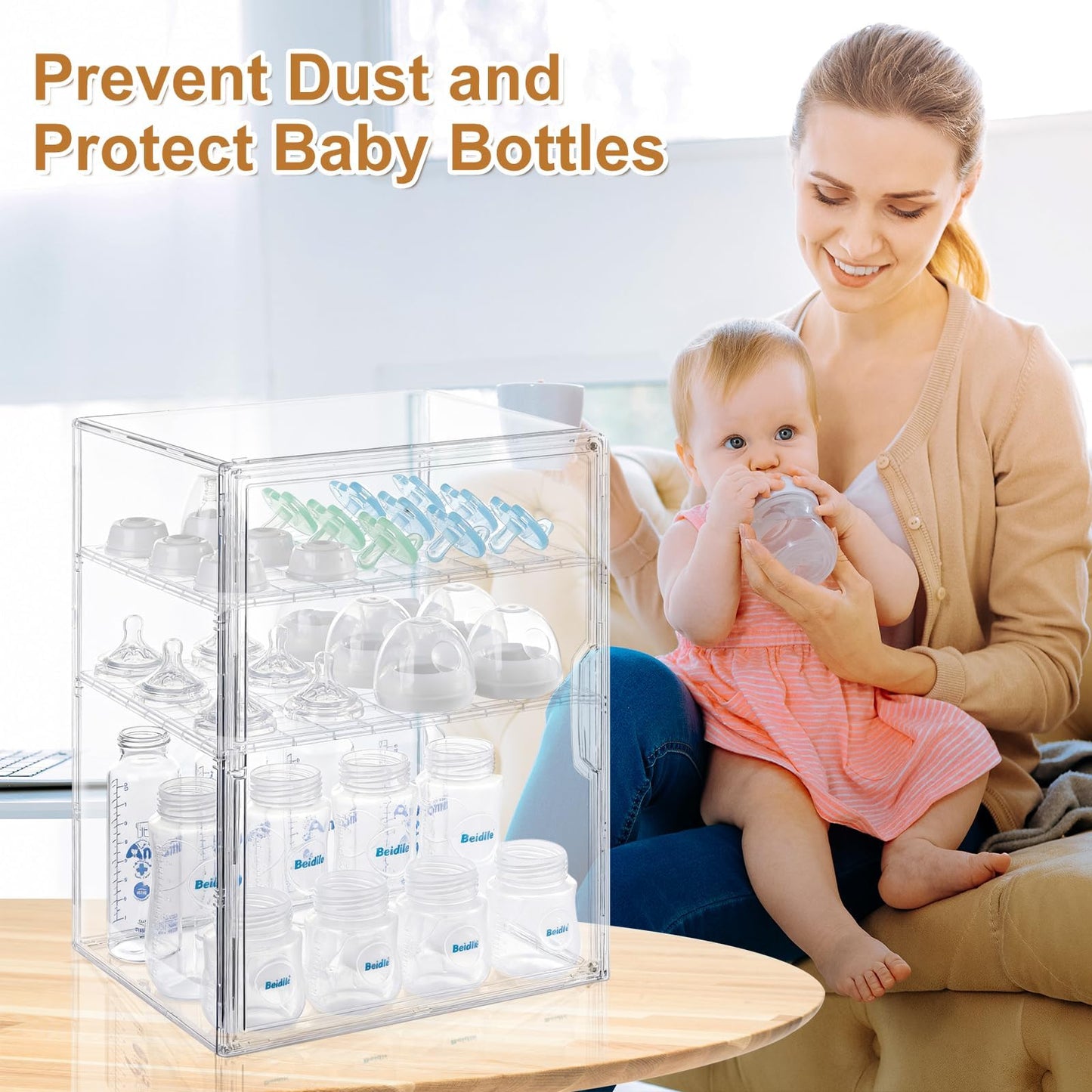 Onilife Baby Bottle Storage Organizer for Countertop Cabinet, 3 Tier Adjustable Bottles Station Container, Clear Acrylic Case Box with 2 Removable Dividers and Magnetic Door, Large