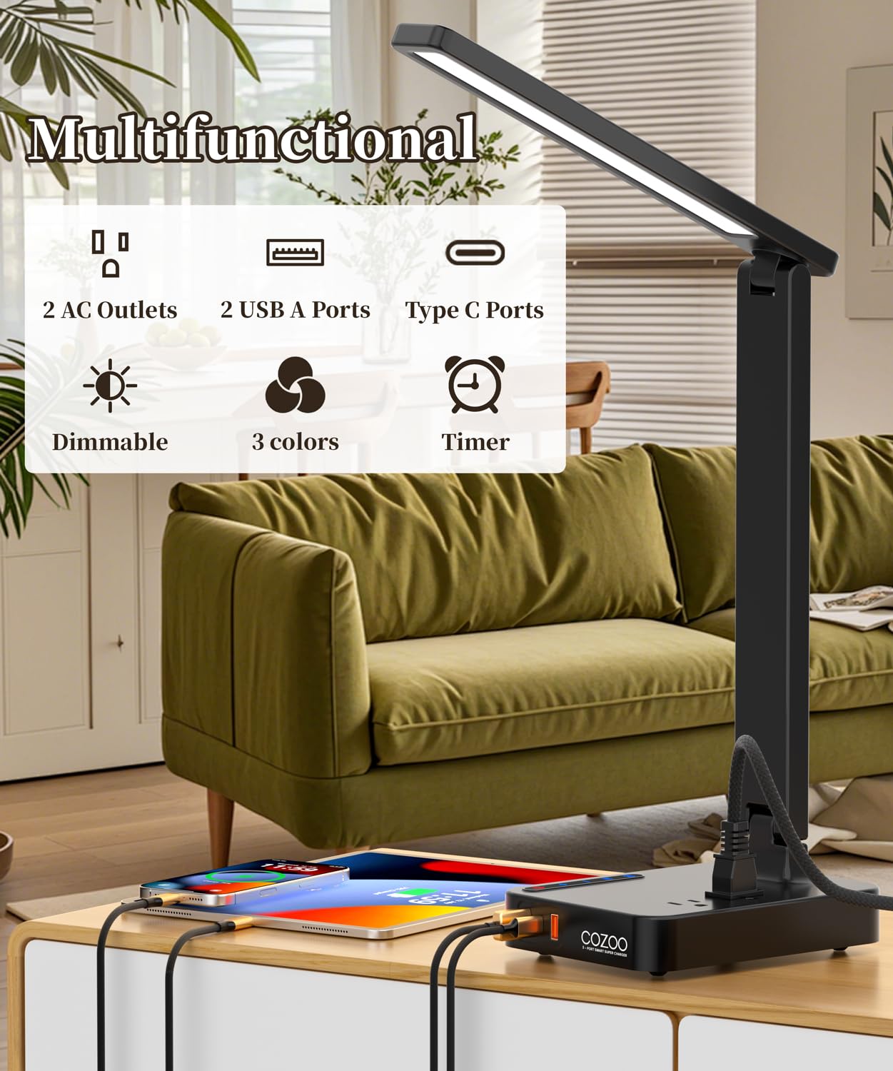 COZOO LED Desk Lamp with 3 USB Charging Ports,2 AC Outlet,3 Color Modes 3 Brightness Levels,Touch/Memory/Timer Function,Eye-Caring Home Office Foldable Natural Light Task Lamp for Reading,Study,Crafts
