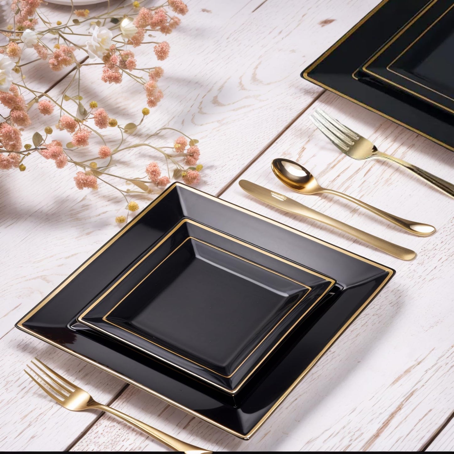 100 Pcs Black and Gold Plastic Plates 6.5 Inch Square Dessert Plates Small Cake Plate Elegant Appetizer Trays Disposable for Gathering Birthday Wedding Halloween Party