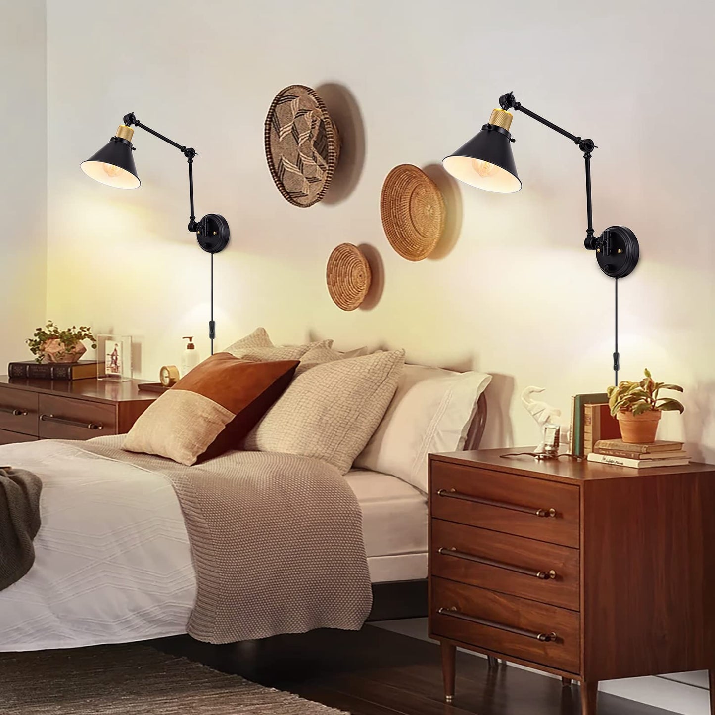 TRLIFE Wall Sconce Plug in, Dimmable Wall Sconce with Switch Swing Arm Wall Lights Plug in Wall Mounted Light with 6FT Plug in Cord(Two Arms, 1 Pack)