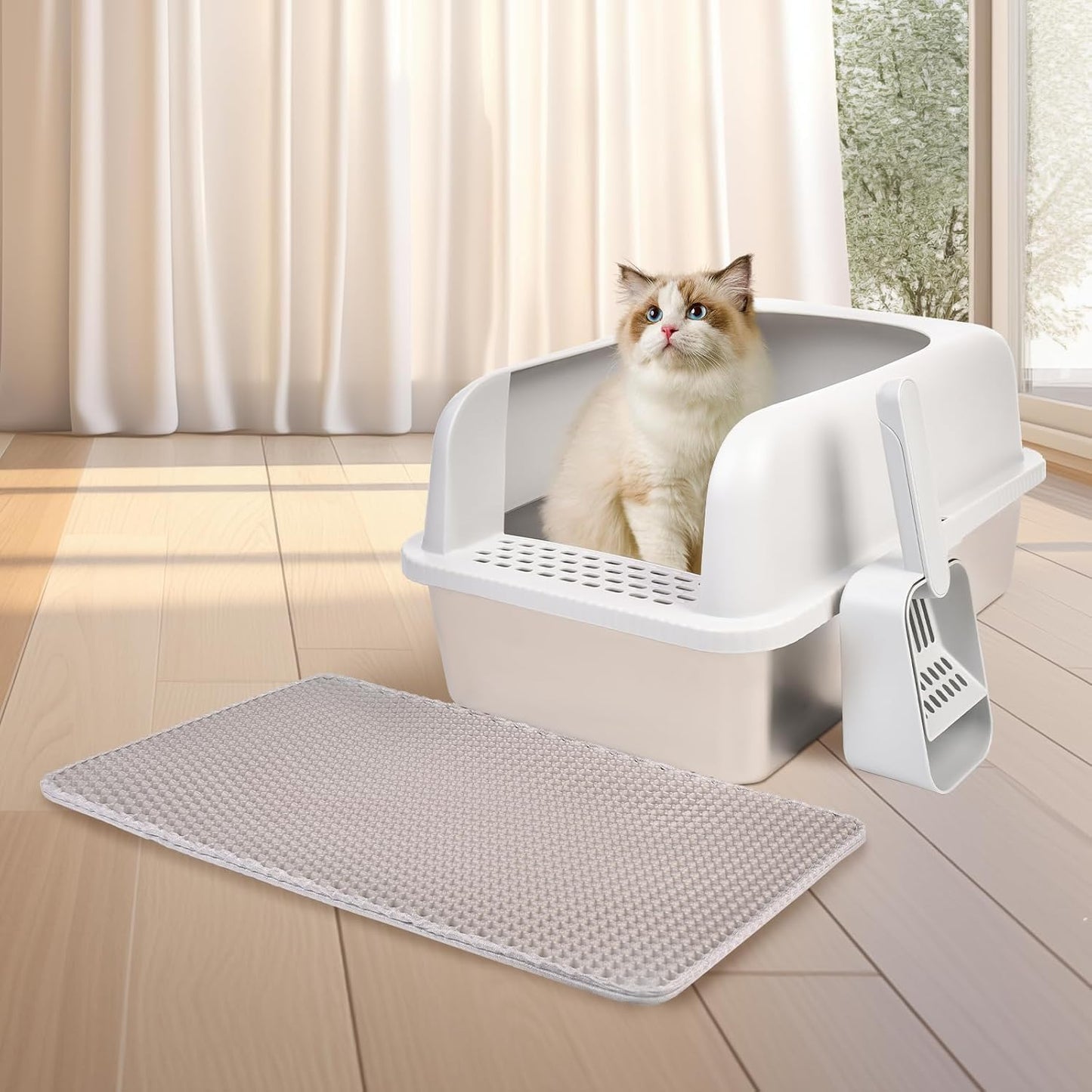 Stainless Steel Cat Litter Box with Lid, 20" L x 14.2" W x 11.8" H, Extra Large Litter Box for Big Cats with High Sided, Anti-Urine Leakage, Easy Cleaning (Light Grey)