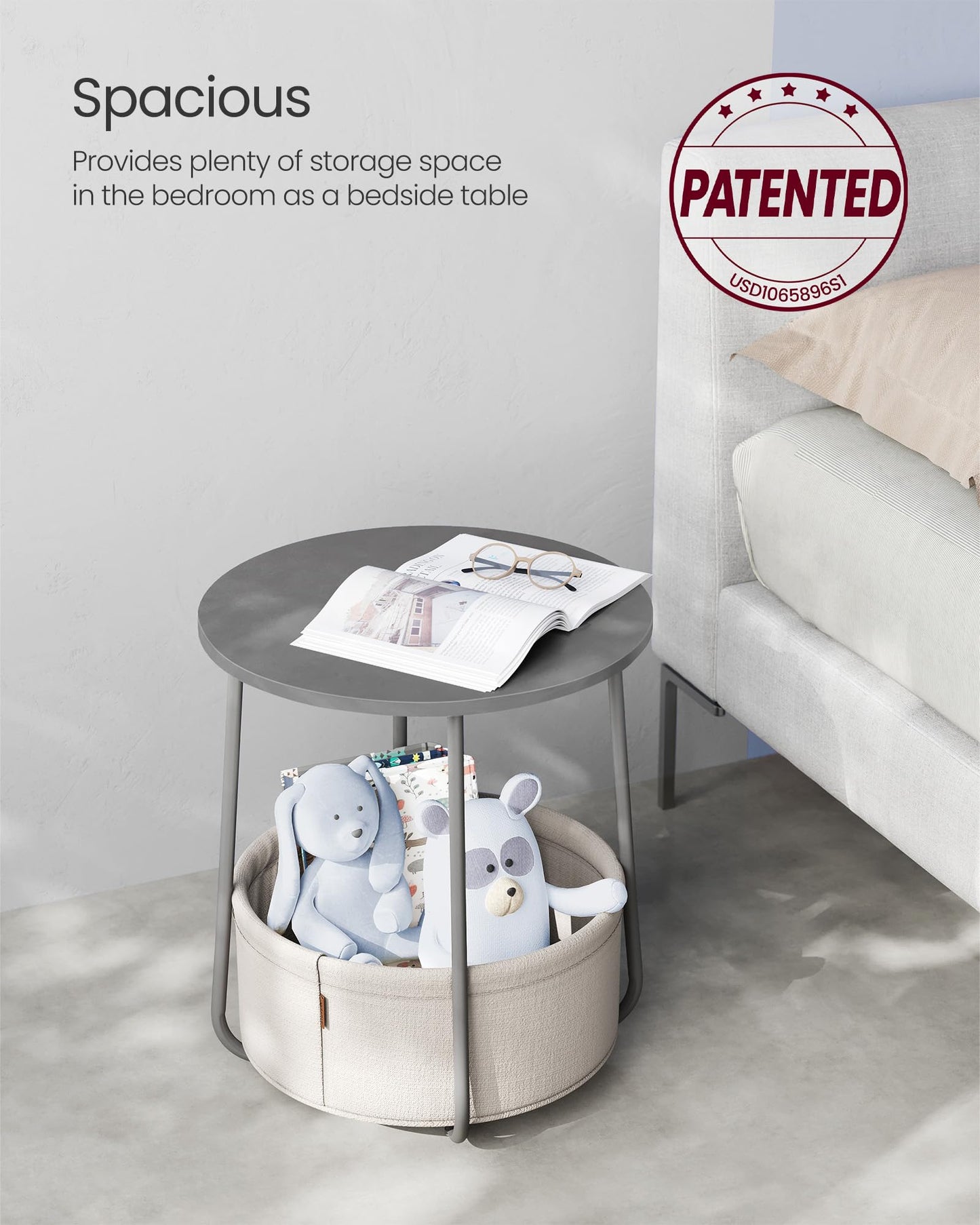 VASAGLE LILEA Collection - Small Round Side End Table, Modern Nightstand with Fabric Basket, Cement Gray and Cream White ULET223G49