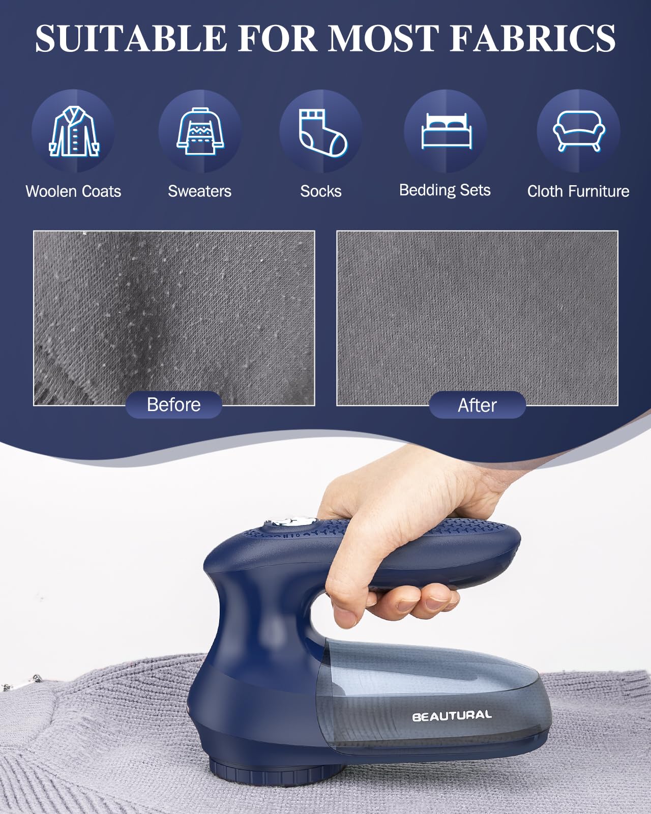 BEAUTURAL Fabric Shaver and Lint Remover Home-Edition, Powerful & Efficient Sweater Defuzzer with 2-Speeds for Clothes and Furniture, AC Adapter or Battery Powered Pill Fuzz Remover