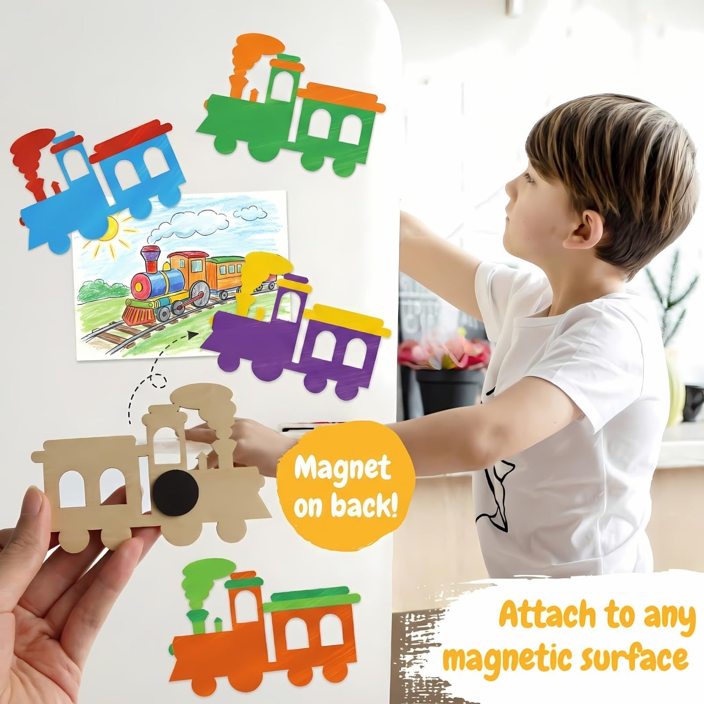 12-Pack Pre-Packaged Train Party Favors, Wooden Train Cutouts with Magnets & Painting Kits for Kids, Choo Choo Birthday Decorations & Thank You Gifts for Guests