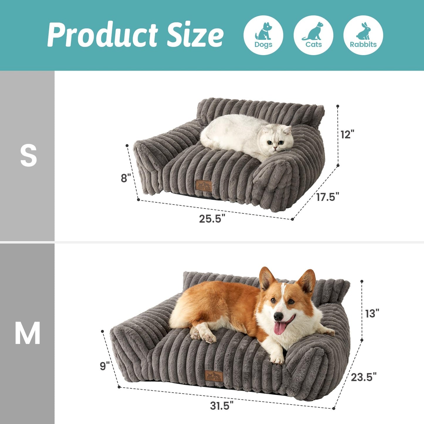 COZY KISS Dog Beds for Small Dogs and Cat Bed, Premium Plush Faux Fur Pet Sofa Bed Couch, Ultra-Soft Pet Furniture for Cats & Small Dogs, 80x60 cm (Grey, Medium)