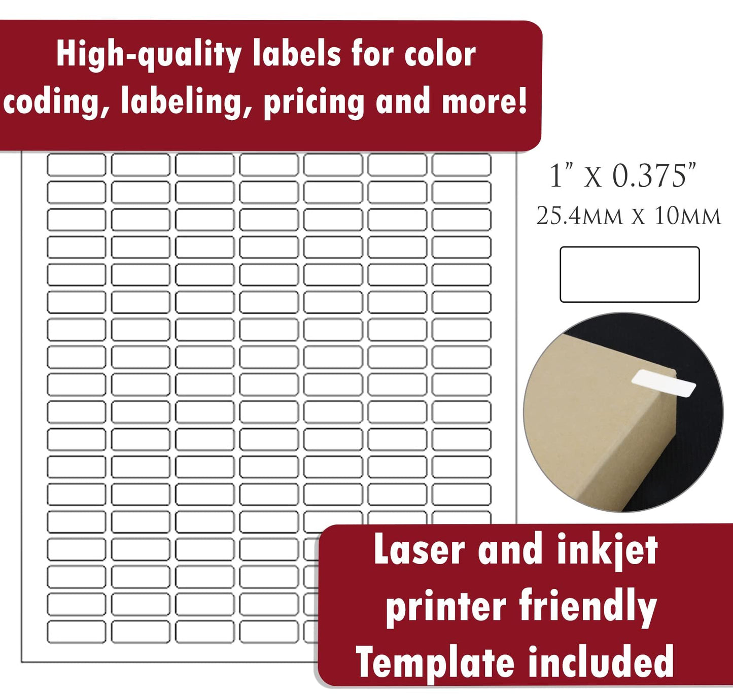 White Printable Labels Sheets + Bonus Color Labels White Rectangular Stickers (1" x 0.375") Produce Excellent Results with Standard Laser Printer-Template Included - 15700 Pack