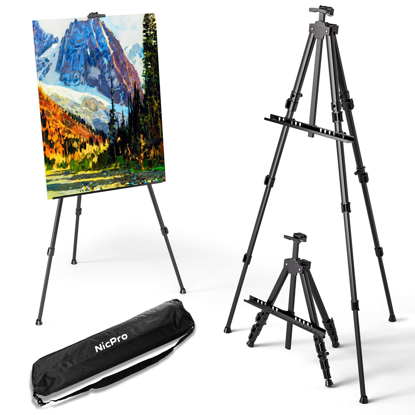 Nicpro Painting Easel for Display, Adjustable Height 17" to 66" Tabletop & Floor Art Easel, Metal Tripod Artist Easels Stand for Painting Canvas, Wedding Signs with Carry Bag - Black